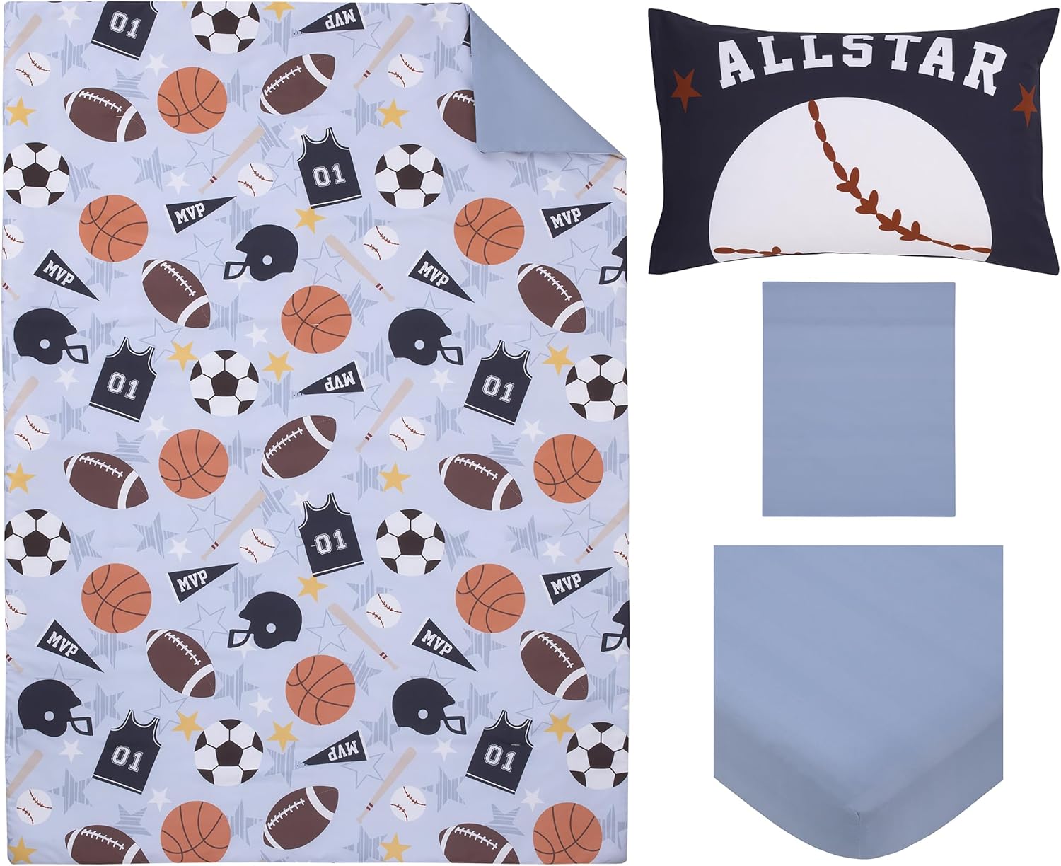 Everything Kids Sports – Juego de cama Allstar de 4 piezas para niños pequeños, gris, azul marino, naranja y marrón, edredón, sábana bajera