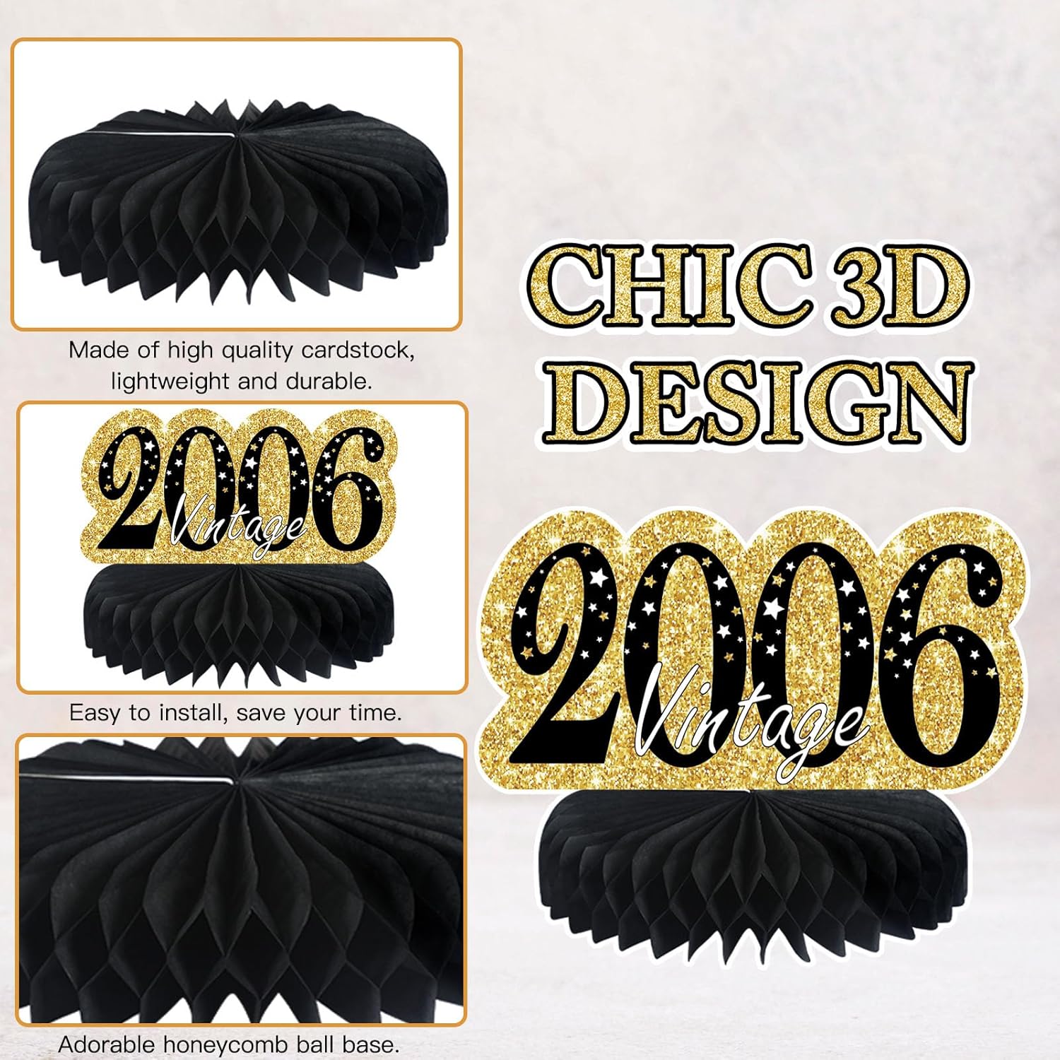 9 piezas de decoración de cumpleaños negro dorado 18 centros de mesa de panal para niños y niñas, centros de mesa de feliz cumpleaños 18,