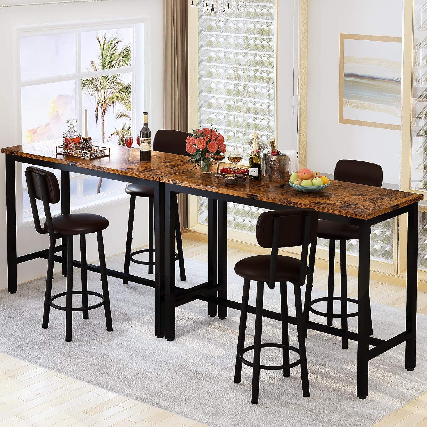 Lamerge Mesa industrial de altura de pub con 2 taburetes tapizados de poliuretano, mesa de cocina y sillas de 3 piezas, apto para comedor, sala de