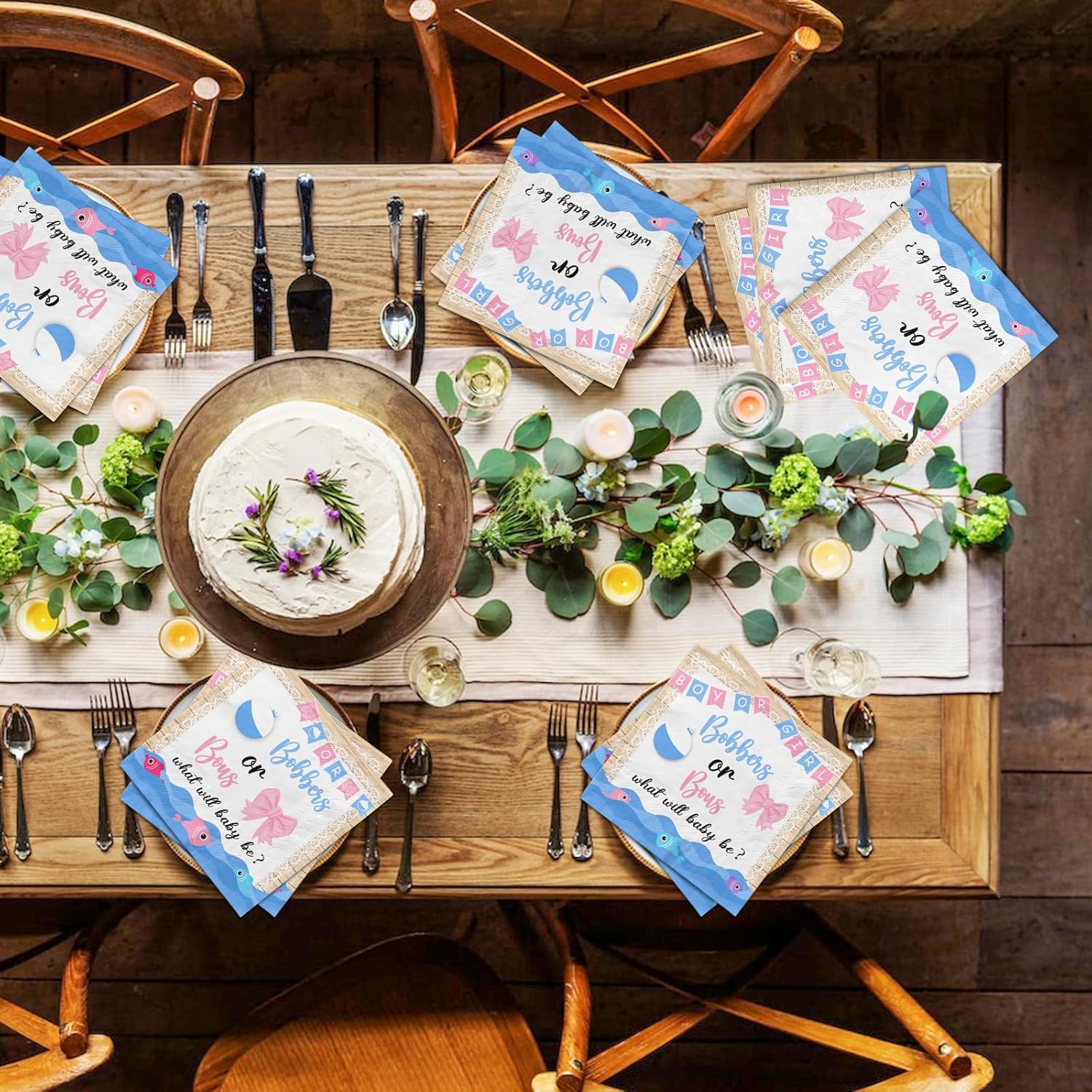 Decoración de fiesta de revelación de género, 40 servilletas o lazos, servilletas de papel de pesca, decoración de mesa para niño o niña, decoración