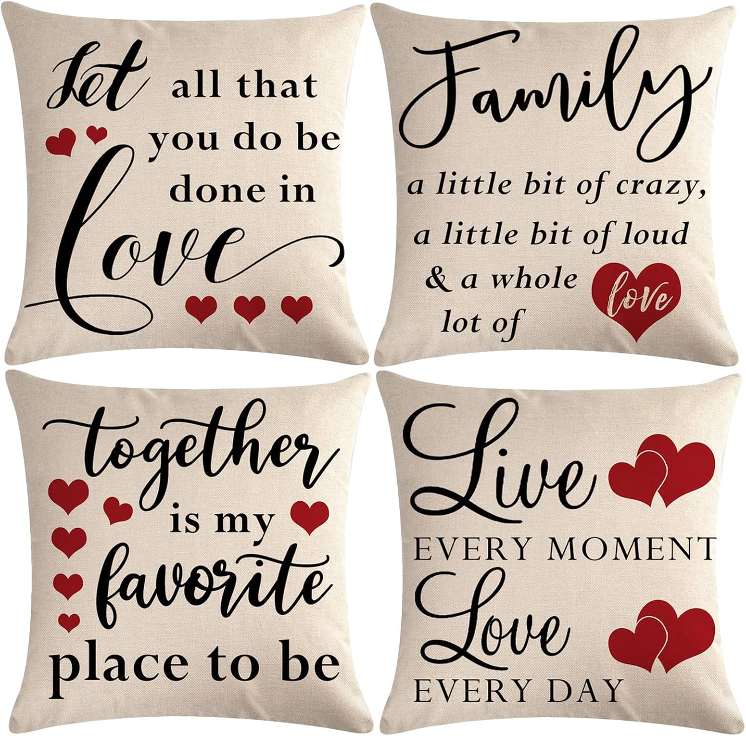 Paquete de 4 fundas de almohada con citas familiares, rústicas para el hogar, palabras de amor, corazón rojo, país, fundas de cojín de decoración
