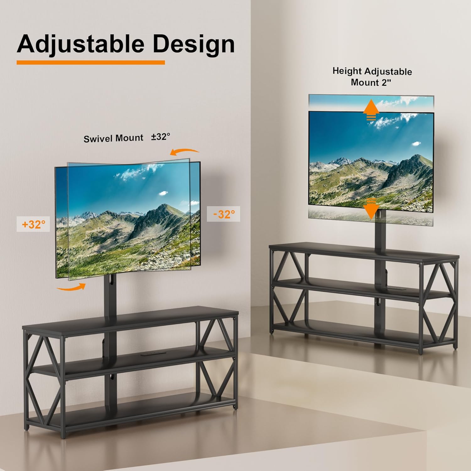 Furmax Soporte de TV con soporte y toma de corriente, soporte giratorio universal de altura ajustable para televisores de hasta 75 pulgadas, centro