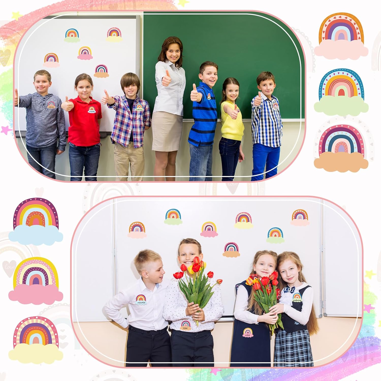 Gueevin 60 unidades de placas de nombre de arcoíris para el aula, etiquetas de nombre de arco iris, calcomanías de arco iris, calcomanías