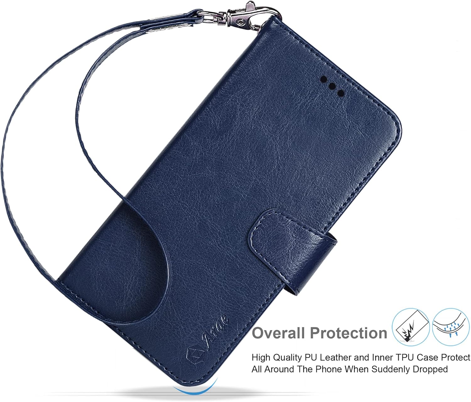 Arae Funda compatible con iPhone 13 con tarjetero y correa para la muñeca para iPhone 13 de 6.1 pulgadas, color azul