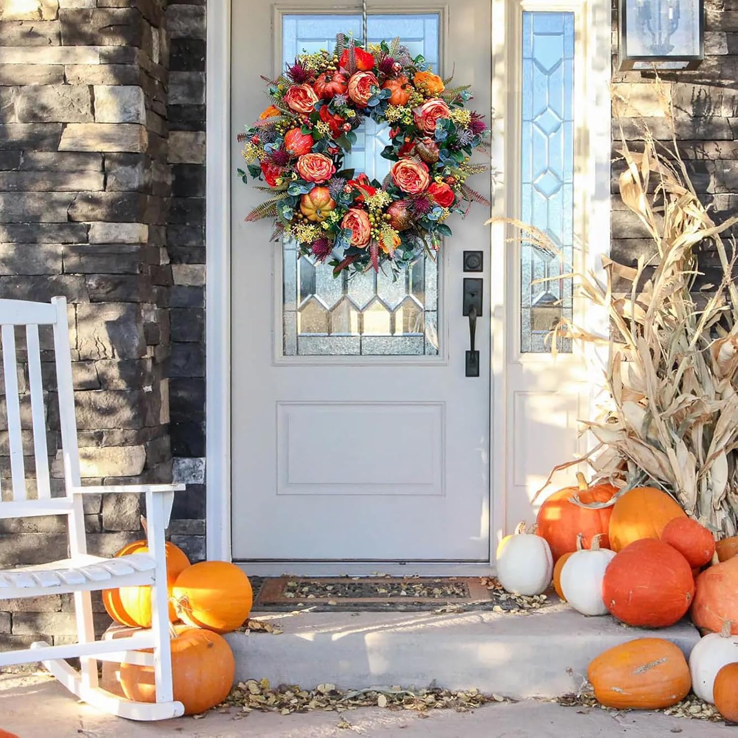 Corona de otoño 2024 de peonía y calabaza durante todo el año, coronas de otoño de granja para puerta delantera, corona de otoño duradera con bayas