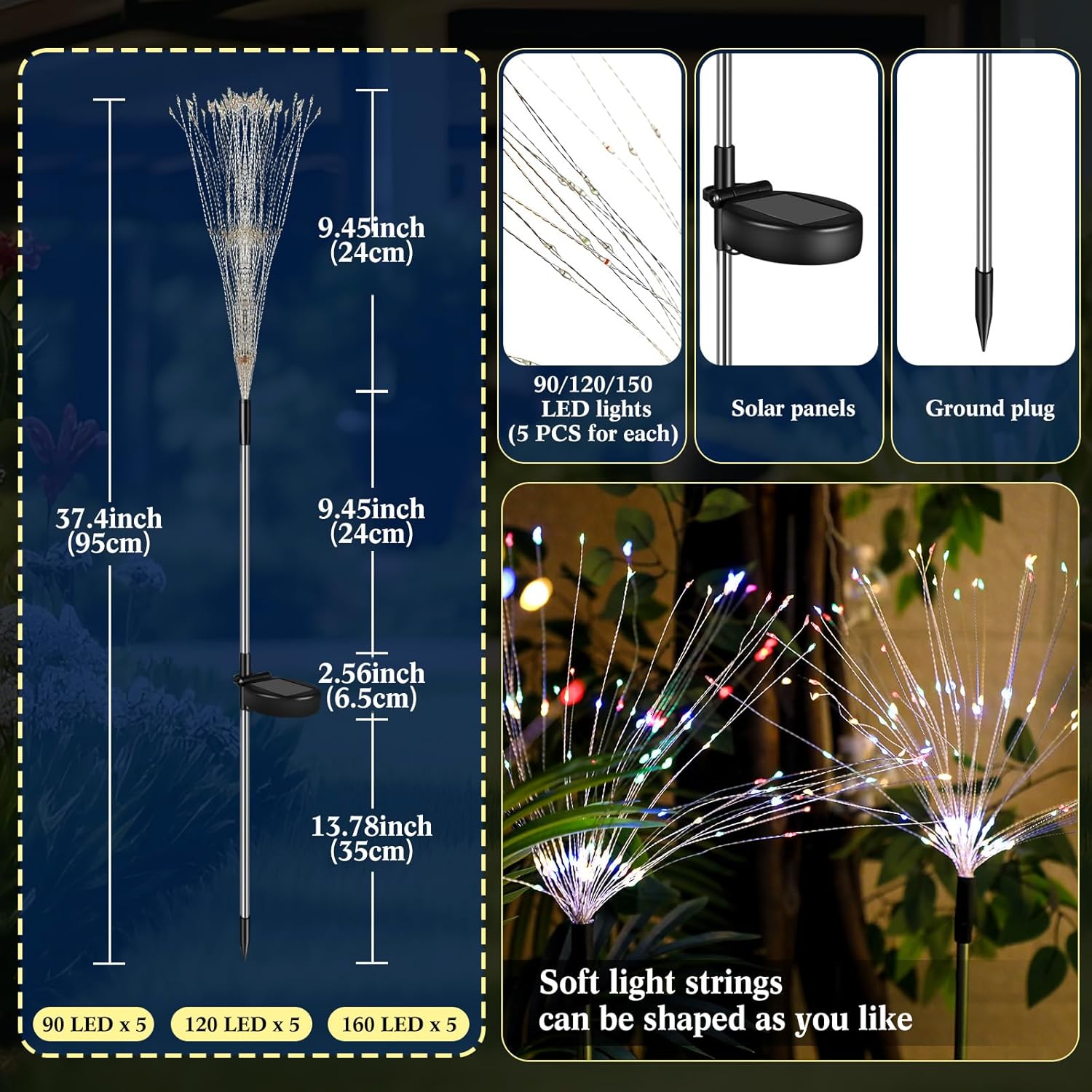 15 luces LED de fuegos artificiales impermeables, luces solares figurables, 90 LED, 120 LED, 150 luces LED para patio trasero, decoraciones al aire