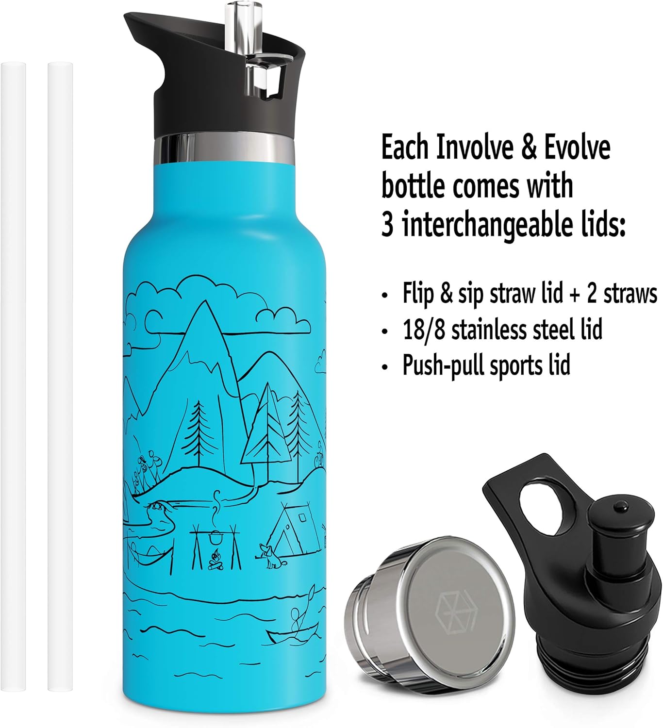 Botella de agua aislada al vacío de doble pared con tapa de pajilla y tapa deportiva, termo de acero inoxidable para niños simple, sin BPA,