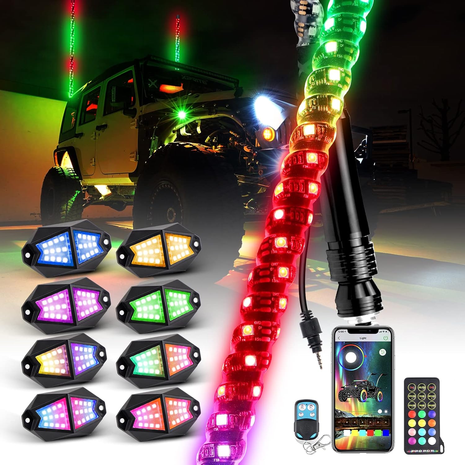 2 luces LED de látigo de 3 pies y 8 vainas de 210 grados de luces de roca de gran angular con aplicación y control remoto, modo de música,