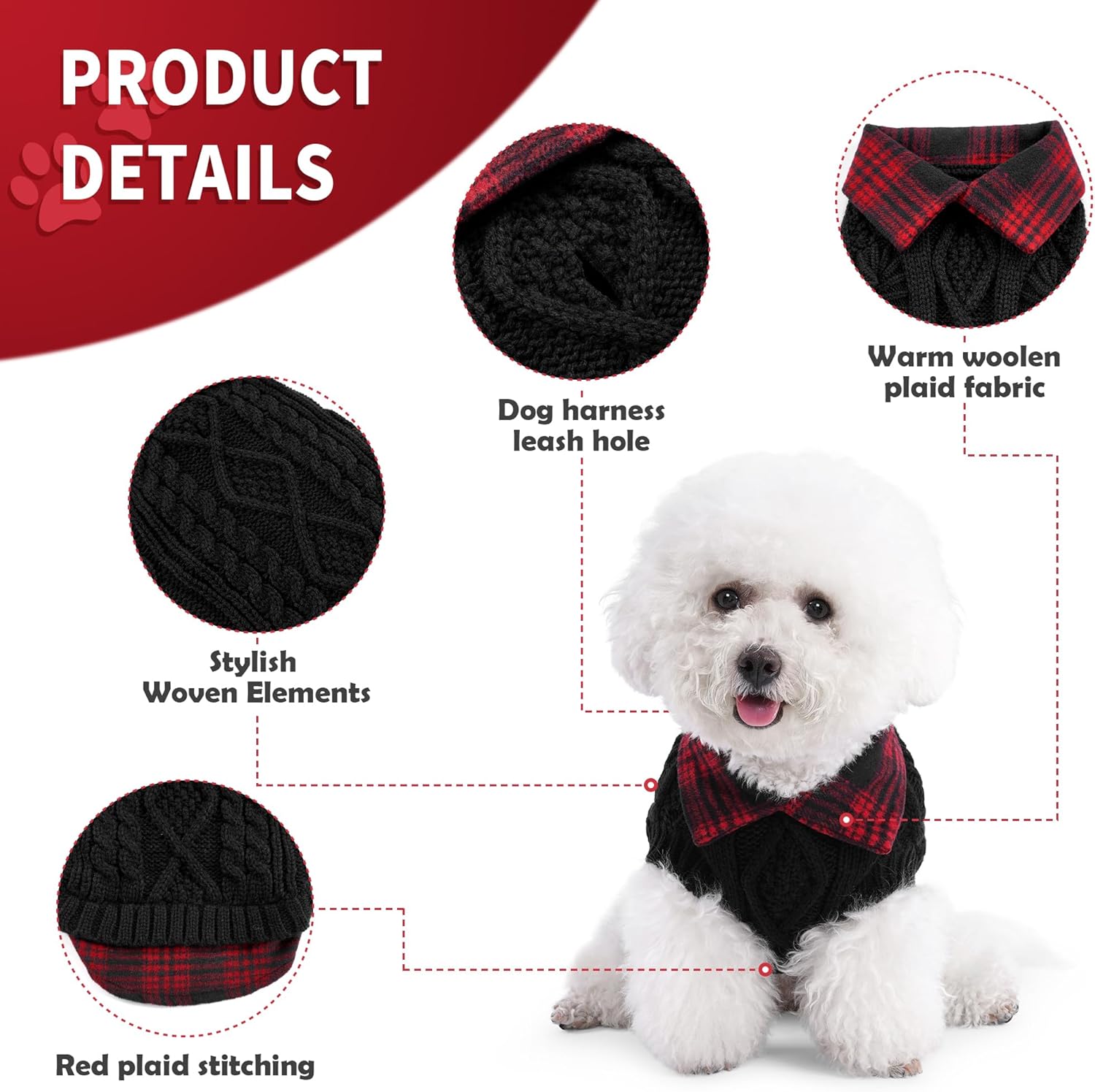 WOYYHO Suéter para perro para el día de San Valentín para perros pequeños, suéteres clásicos con cuello de cuadros para perro con agujero para la