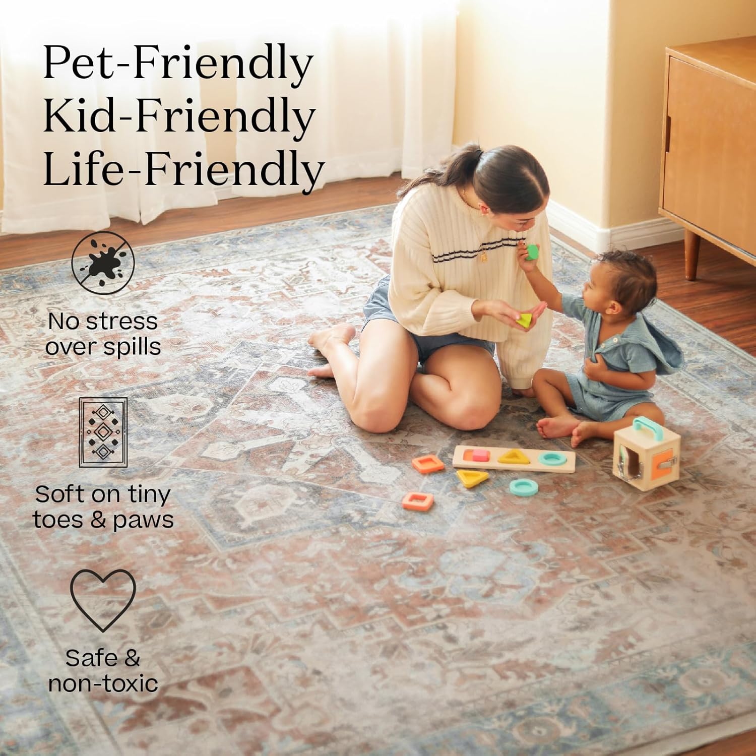 RUGGABLE x Morris & Co Alfombra lavable, perfecta para sala de estar, dormitorio, cocina, antideslizante, apta para niños, resistente a las manchas