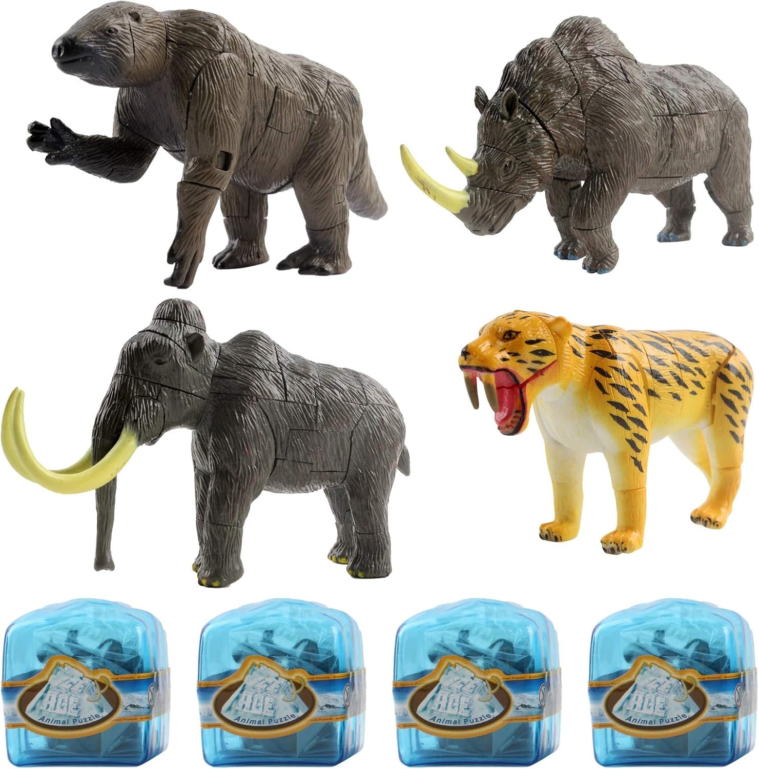 Juego prehistórico con 4 animales de la edad de hielo en cubos de glaciar, rompecabezas 3D para niños, arqueología, desarmable, descubrir, descubrir