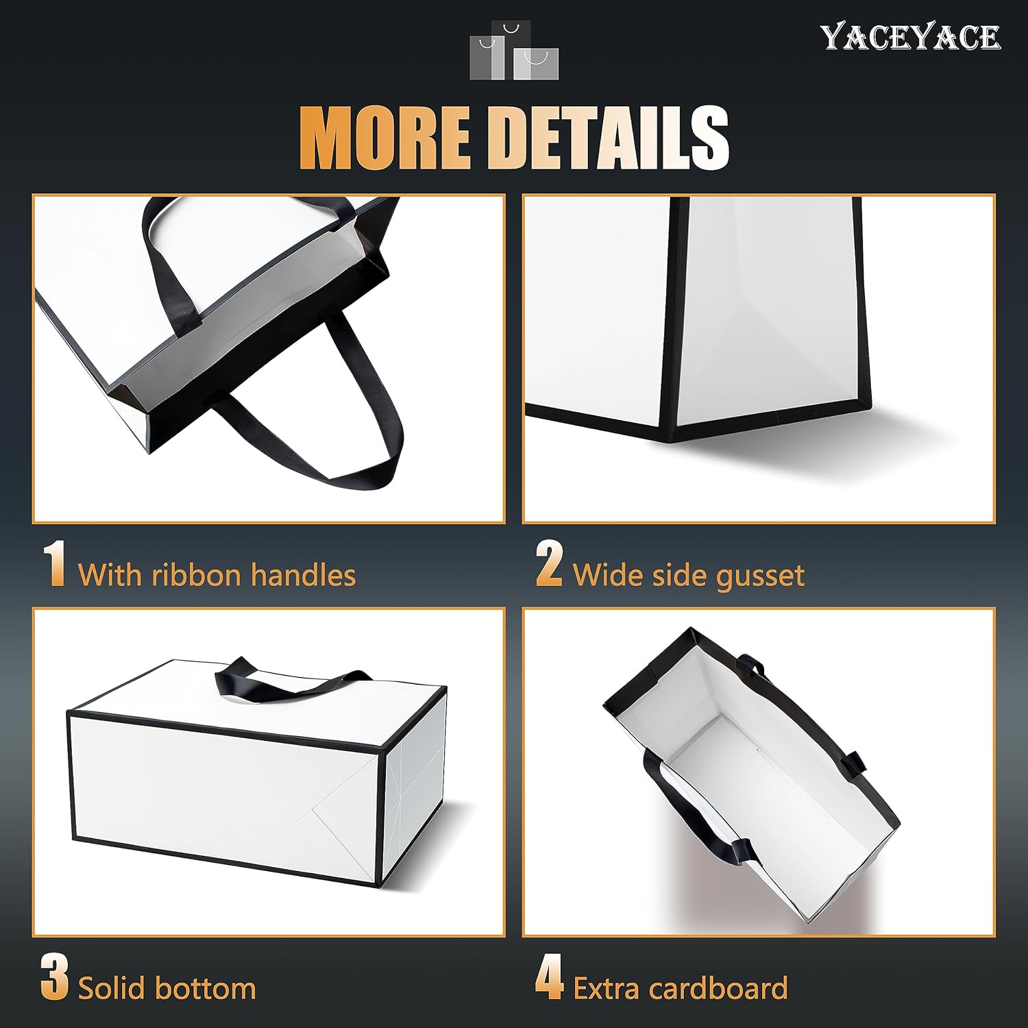 Bolsas de regalo blancas y negras a granel YACEYACE 20 piezas de 10.5 x 4.25 x 8 pulgadas, bolsas de regalo medianas blancas con asas de cinta,