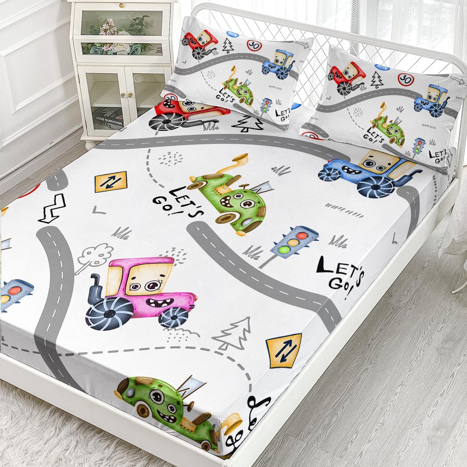 AILONEN Sábana bajera ajustable con diseño de caricaturas para niños y adolescentes, tamaño individual, con estampado de tractor de dibujos animados