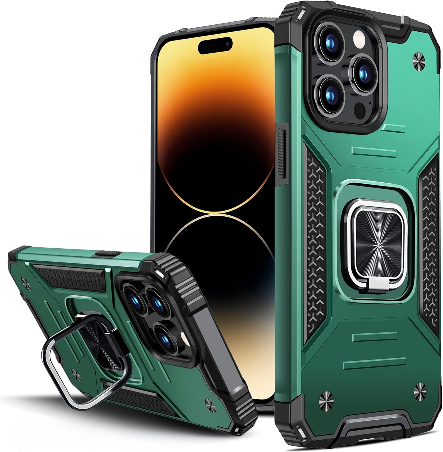 Vakoo Funda para iPhone 14 Pro de 6.1 pulgadas, resistente y duradera, bordes elevados que protegen la pantalla y la cámara, verde oscuro