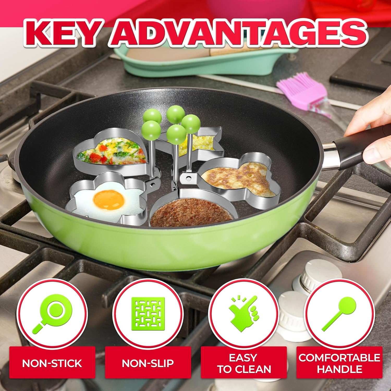 Moldes de anillo de acero inoxidable para cocinar, 5 piezas de formas de panqueques para niños, moldes de anillos de cocina para parrilla, anillos