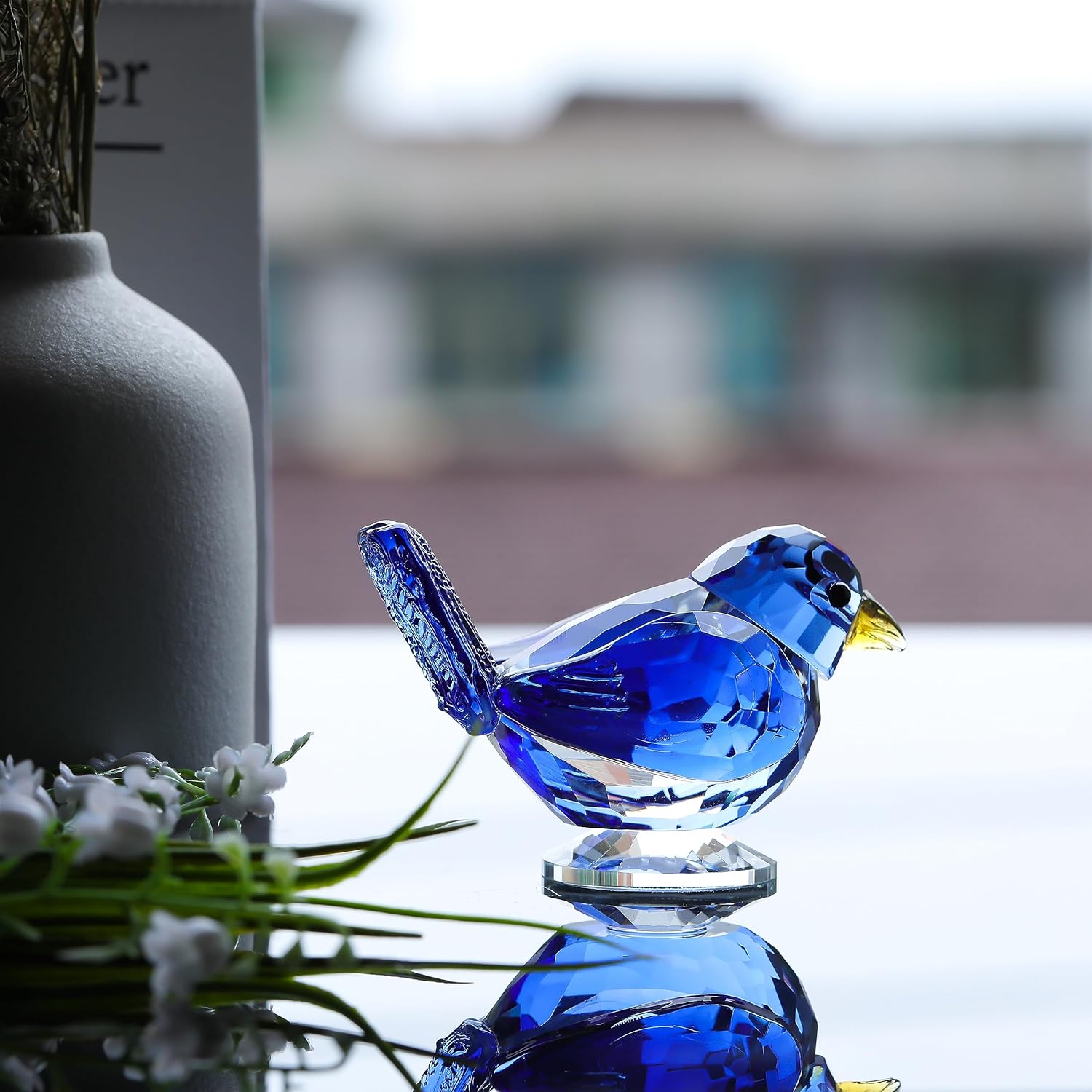 Qianwei Figura de pájaro de cristal azul coleccionable  Figuras de animales de cristal hechas a mano con cristal para oficina, escritorio, mesa,