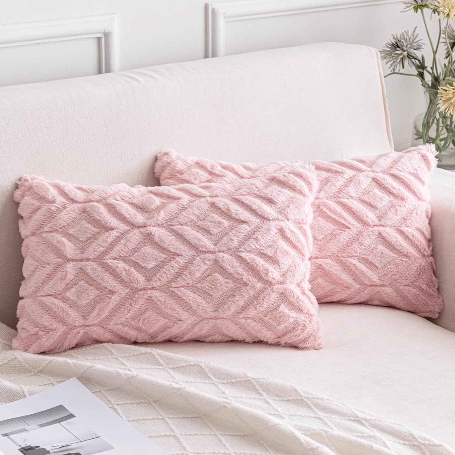 AQOTHES Juego de 2 fundas de almohada de piel sintética de color rosa suave de 12 x 20 pulgadas, almohadas lumbares decorativas bohemias para sofá,