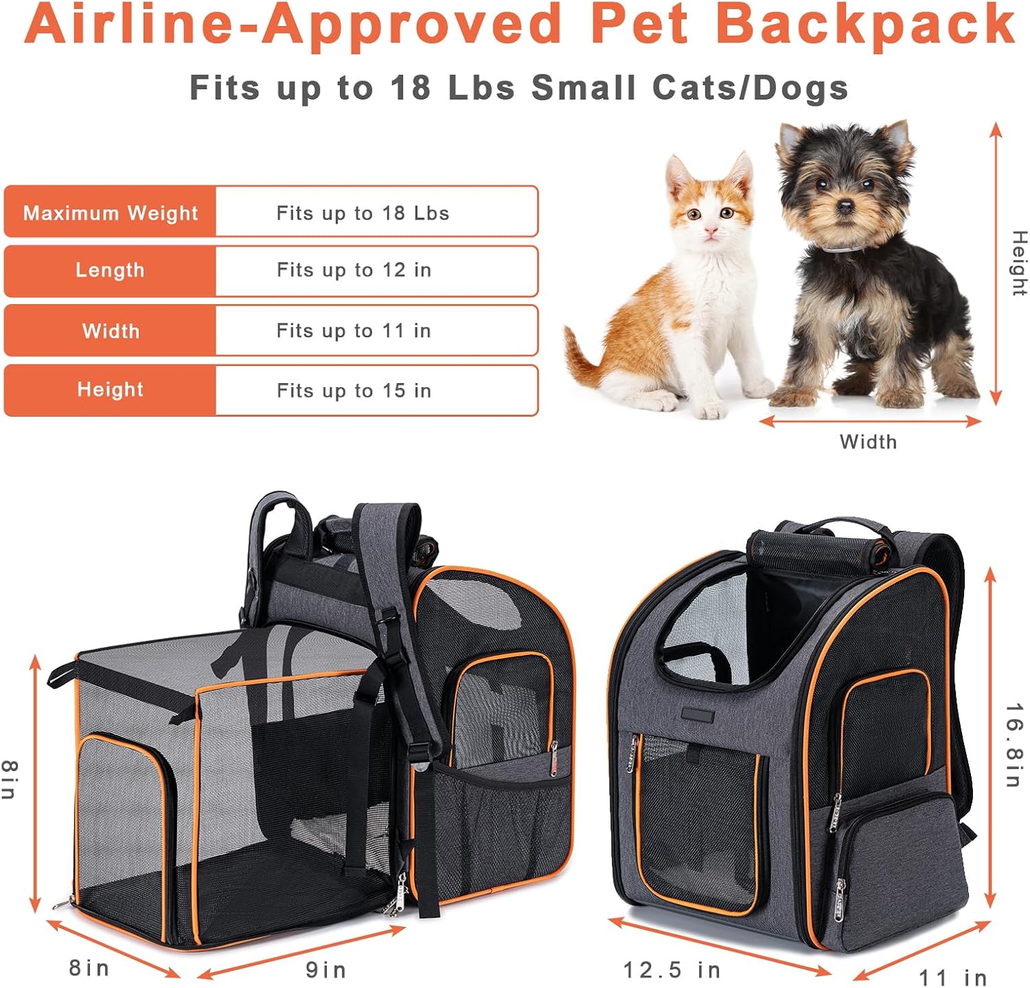 Mochila transportadora para gatos, mochila para perros pequeños, medianos y gatos, mochila expandible aprobada por aerolíneas para perros pequeños,