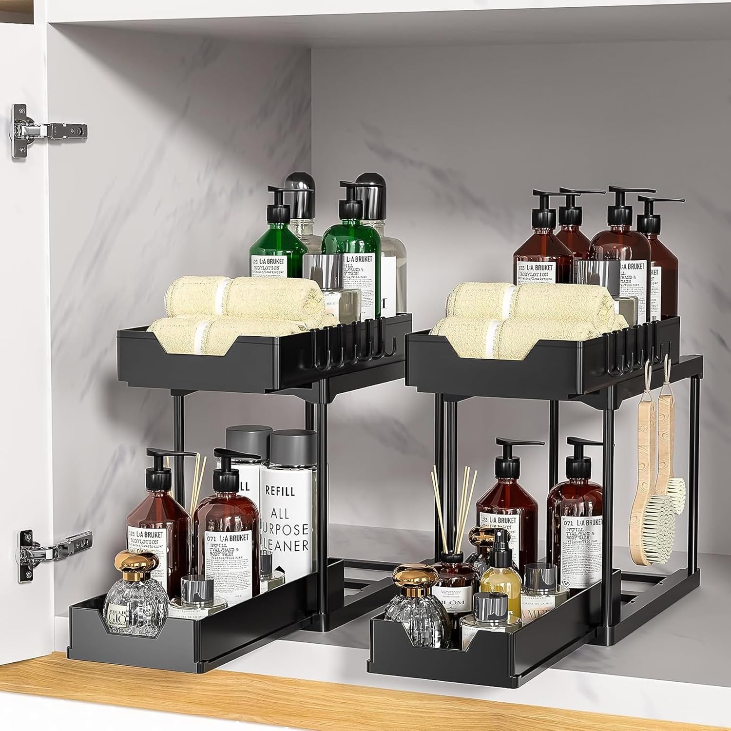 Paquete de 2 organizadores y almacenamiento deslizantes dobles para debajo del fregadero, 2 niveles para cocina y baño, armario de almacenamiento