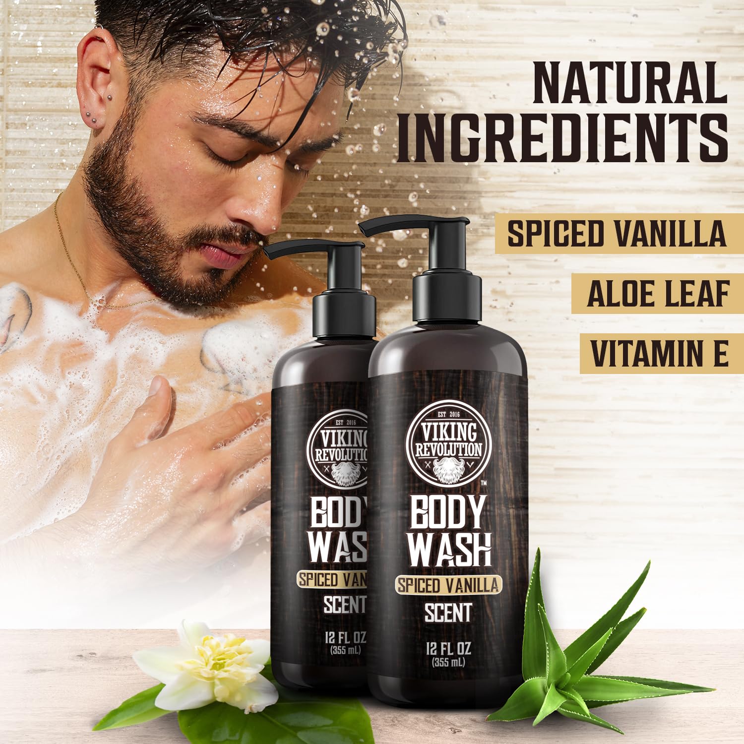 Viking Revolution Gel de baño para hombre, Spiced Vanilla – Gel de baño natural para hombres con vitamina E y aceite de romero, gel de ducha para