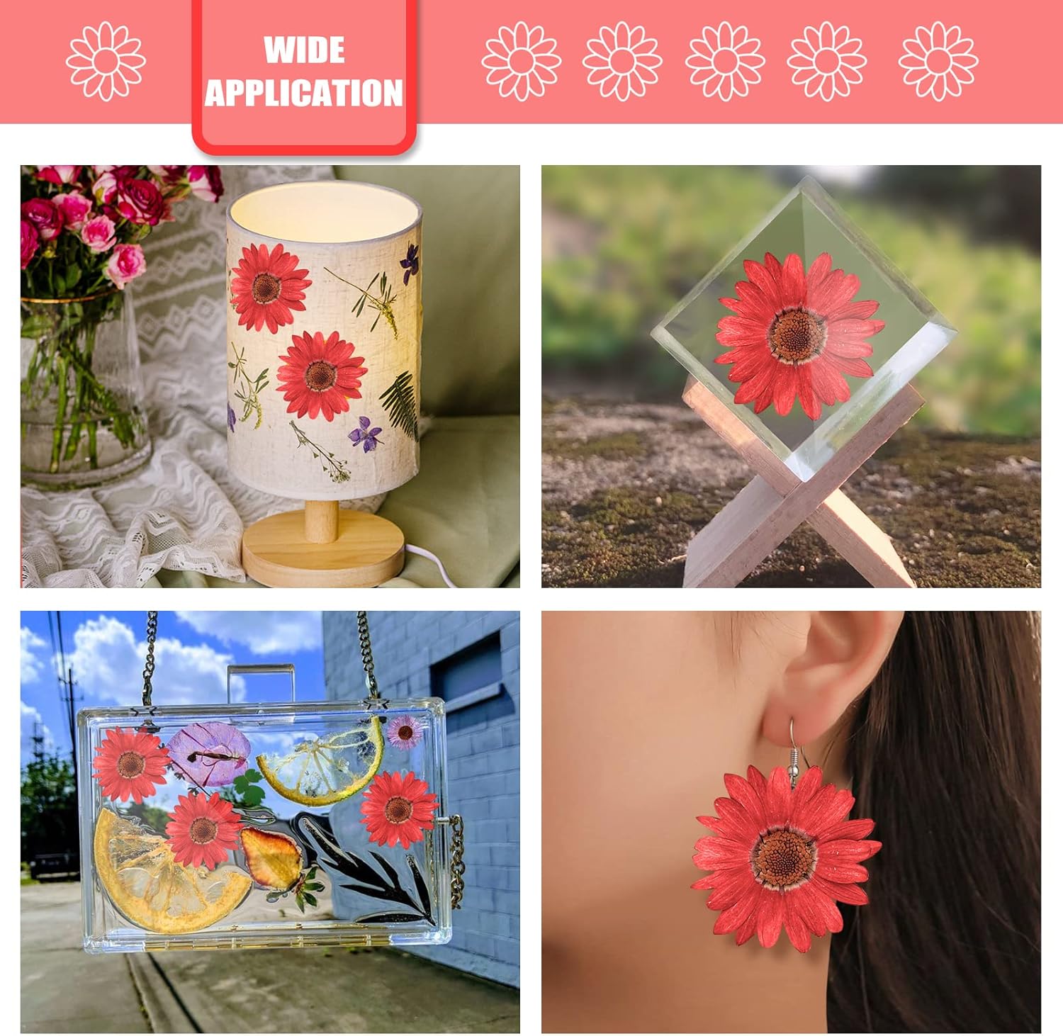 60 flores rojas prensadas girasoles para adornos de manualidades, flores secas naturales de 1.2 pulgadas, margarita grande para joyería de resina,