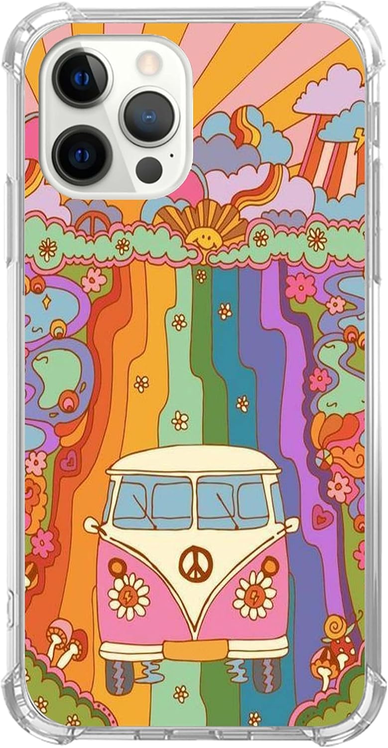 Funda de teléfono retro de los años 70 con diseño de flores, arcoíris y rayos de sol, compatible con iPhone 15 Pro, funda de autobús con signo de