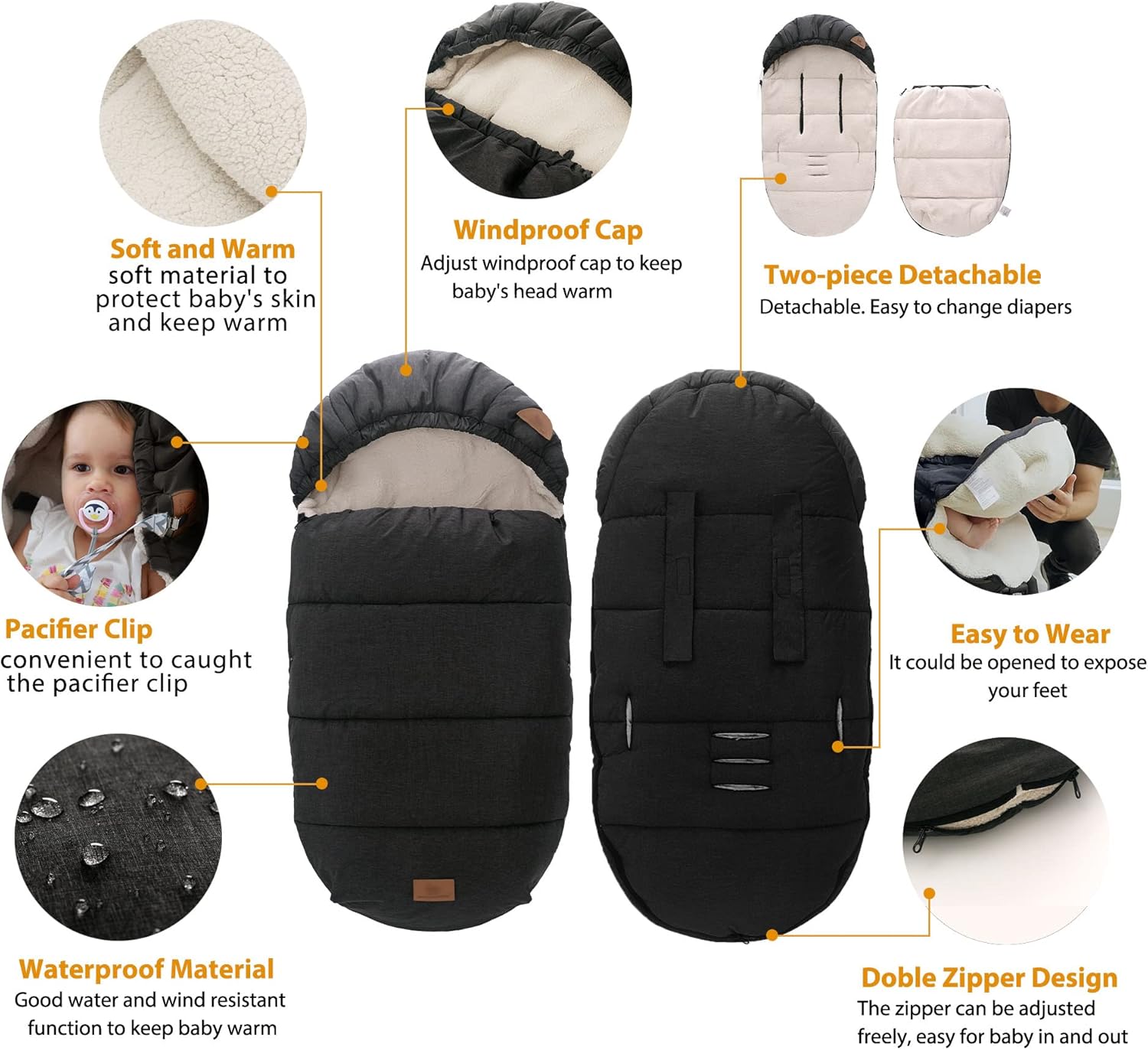 LAT – Saco de dormir para bebé, cálido, universal, saco de dormir para cochecito para clima frío, saco impermeable para niños pequeños (desmontable,