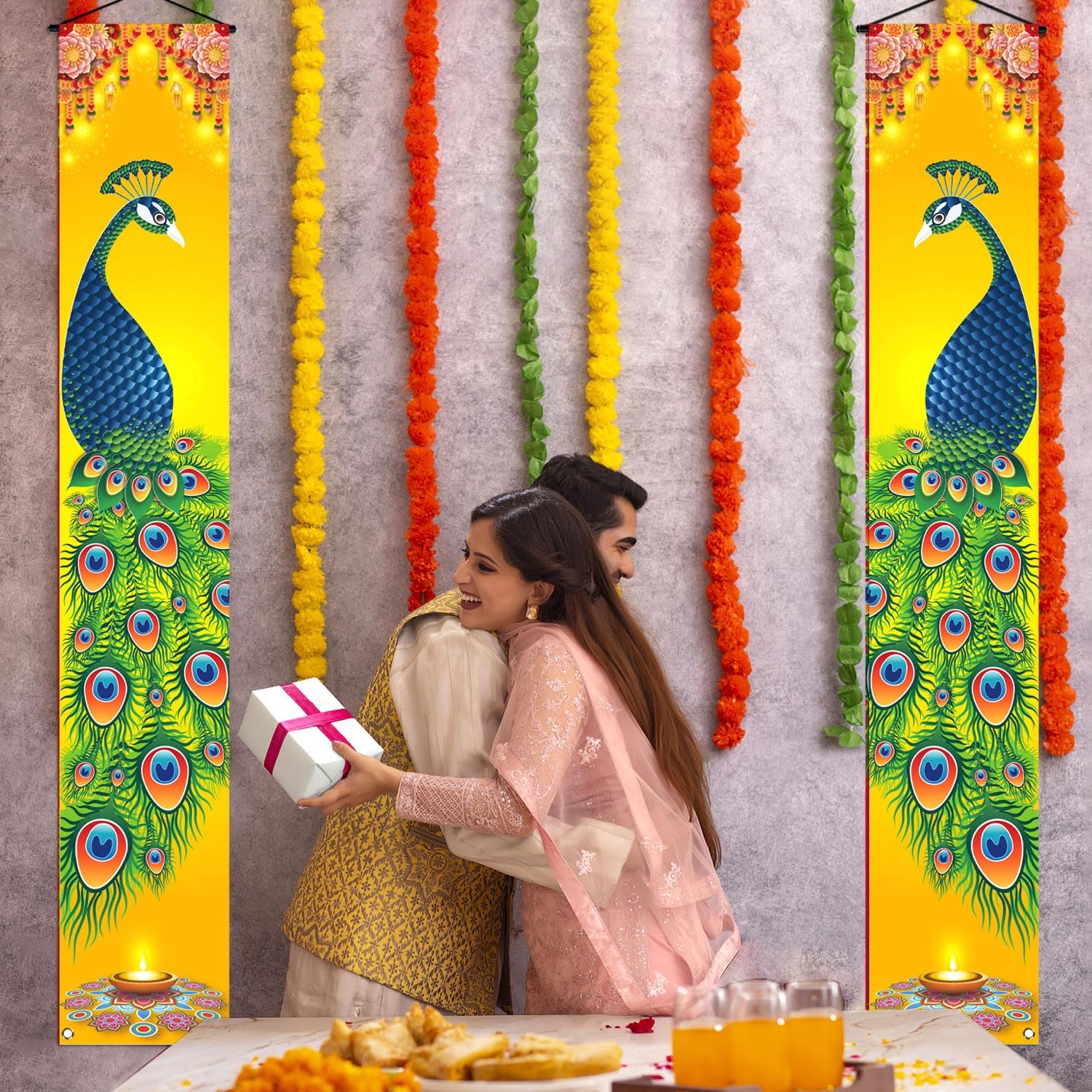 Nepnuser Happy Diwali – Cartel para porche, diseño de pavo real indio, letrero de bienvenida para puerta delantera, festival de luces, fiesta,