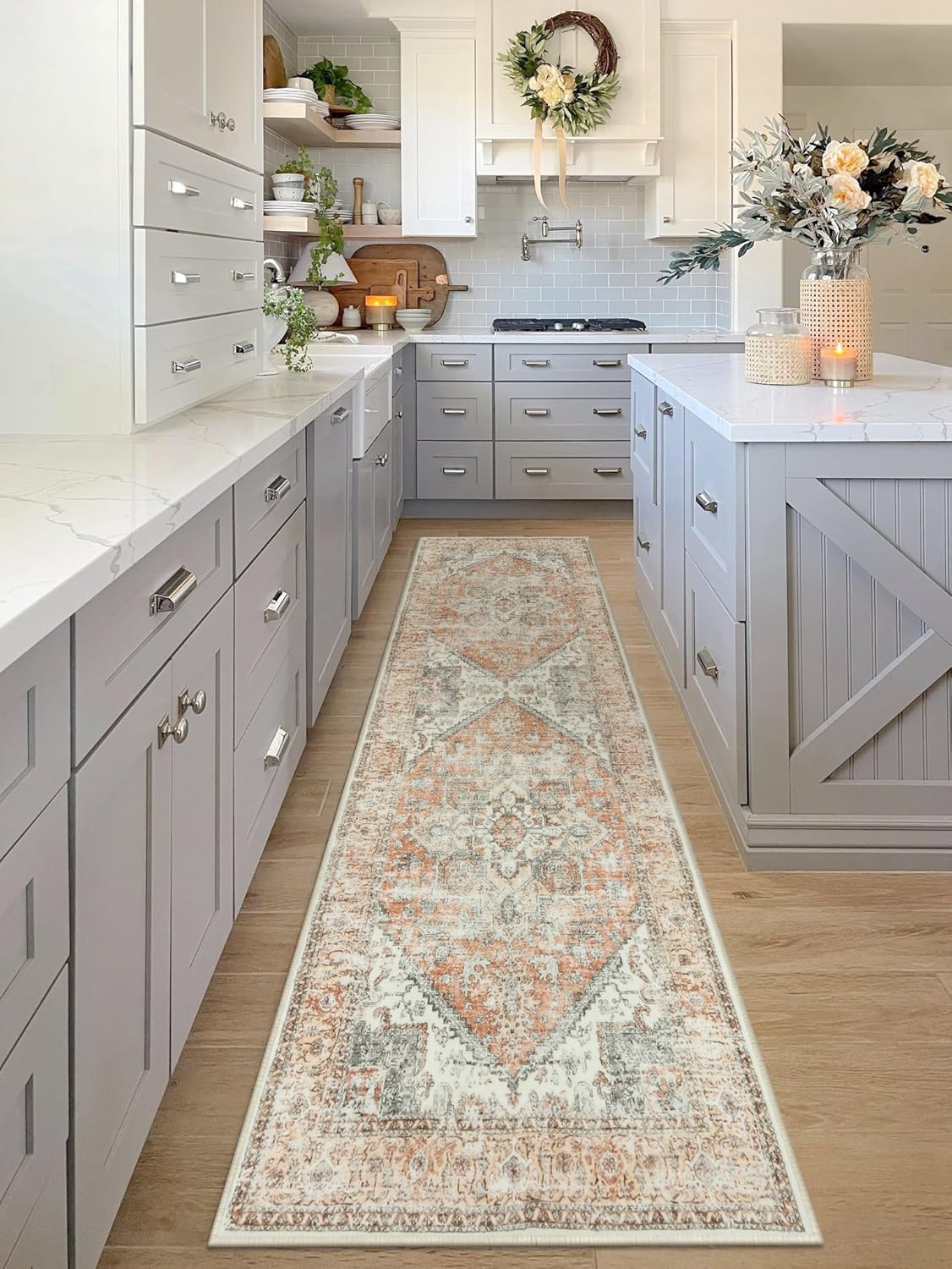 LIVEBOX Alfombra lavable a máquina de 2.5 x 8 pulgadas, con medallones, alfombra larga de cocina, alfombra decorativa ultrafina para mesita de