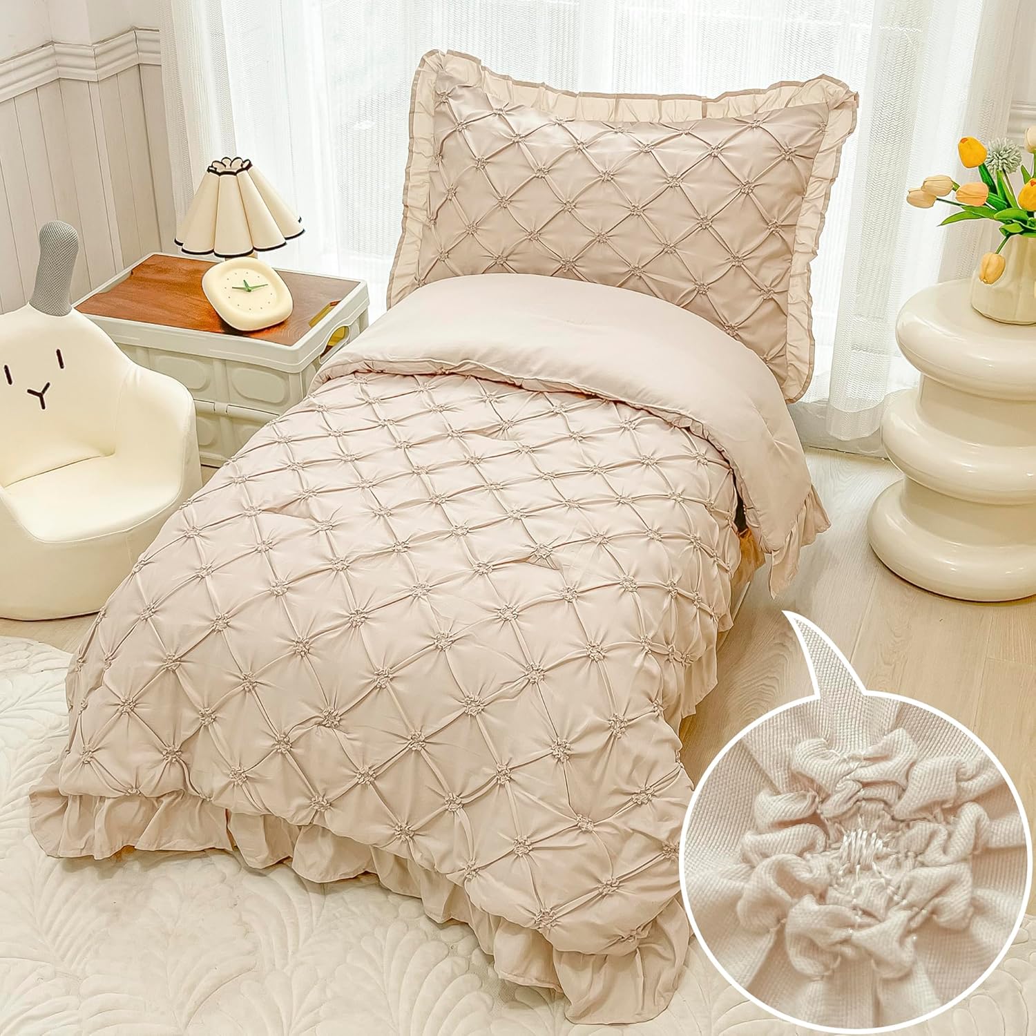 Juego de ropa de cama para niñas pequeñas de 4 piezas, color beige, plisado, con volantes, flecos, juego de sábanas para cuna, juego de sábanas para