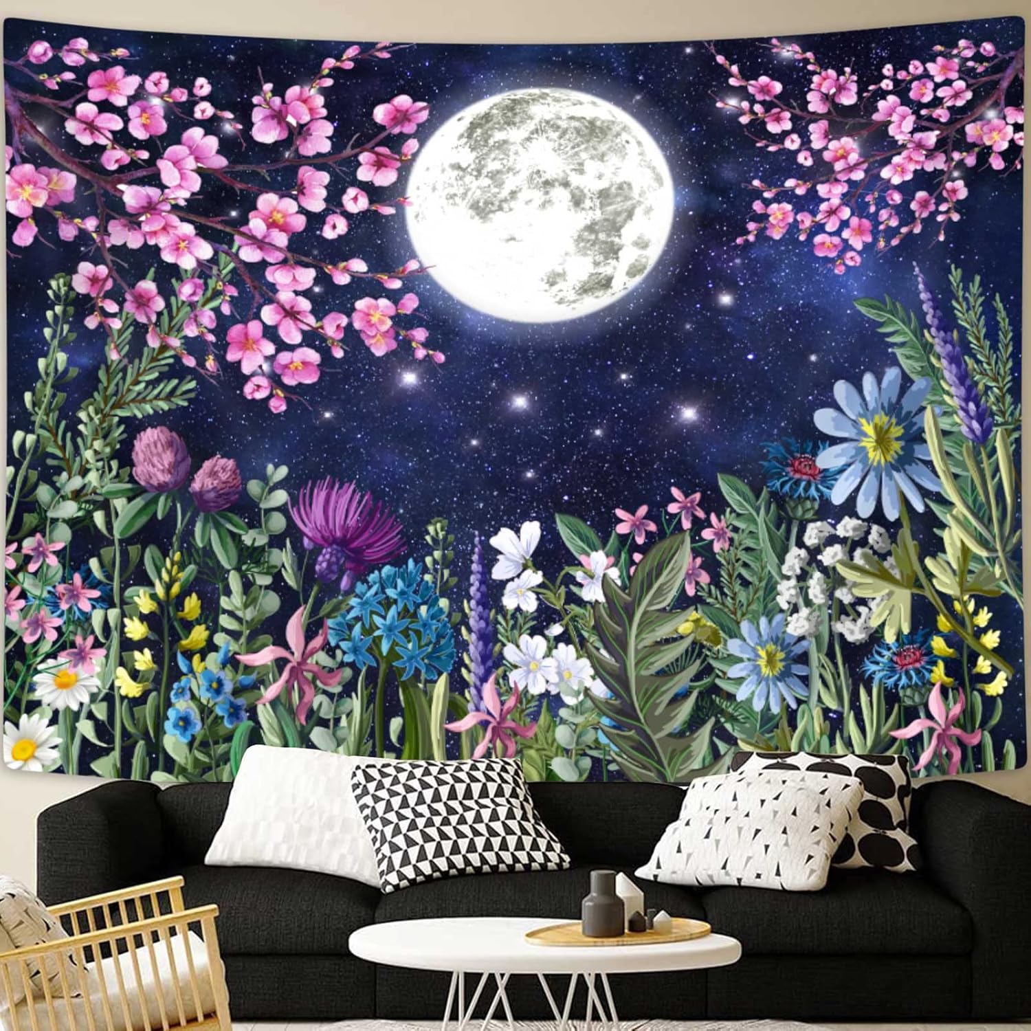 Boziqr Tapiz estético de flores de luna, cielo estrellado, tapiz floral para colgar en la pared para dormitorio, tapiz de paisaje natural,