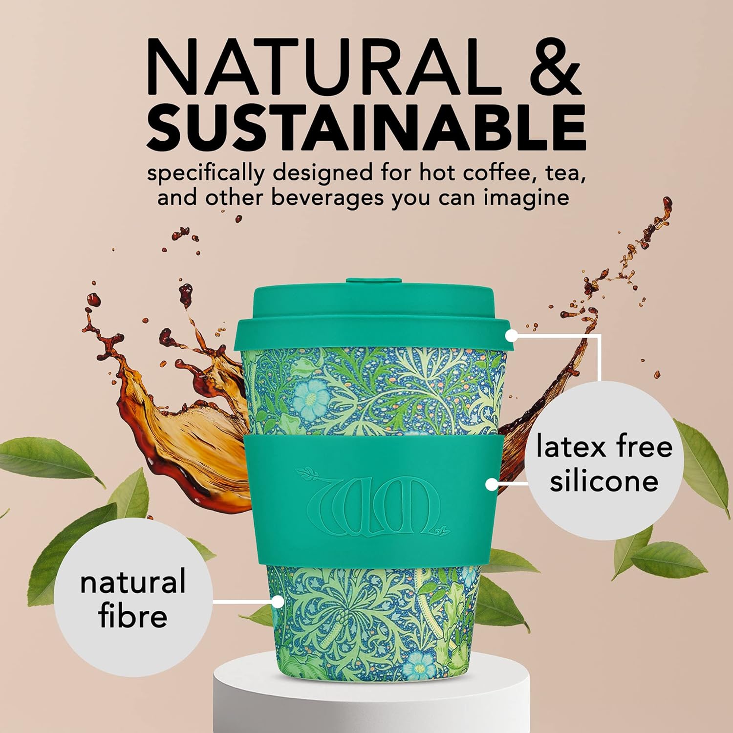 Ecoffee Cup + William Morris Seaweed Marine con silicona turquesa de 12 onzas, reutilizable y respetuosa con el medio ambiente para llevar