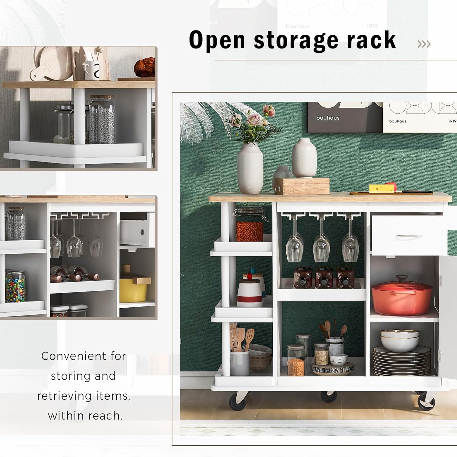 Carrito de cocina multiusos con gabinete de almacenamiento, cajón, estante ajustable y gancho lateral, isla de cocina rodante sobre 5 ruedas con