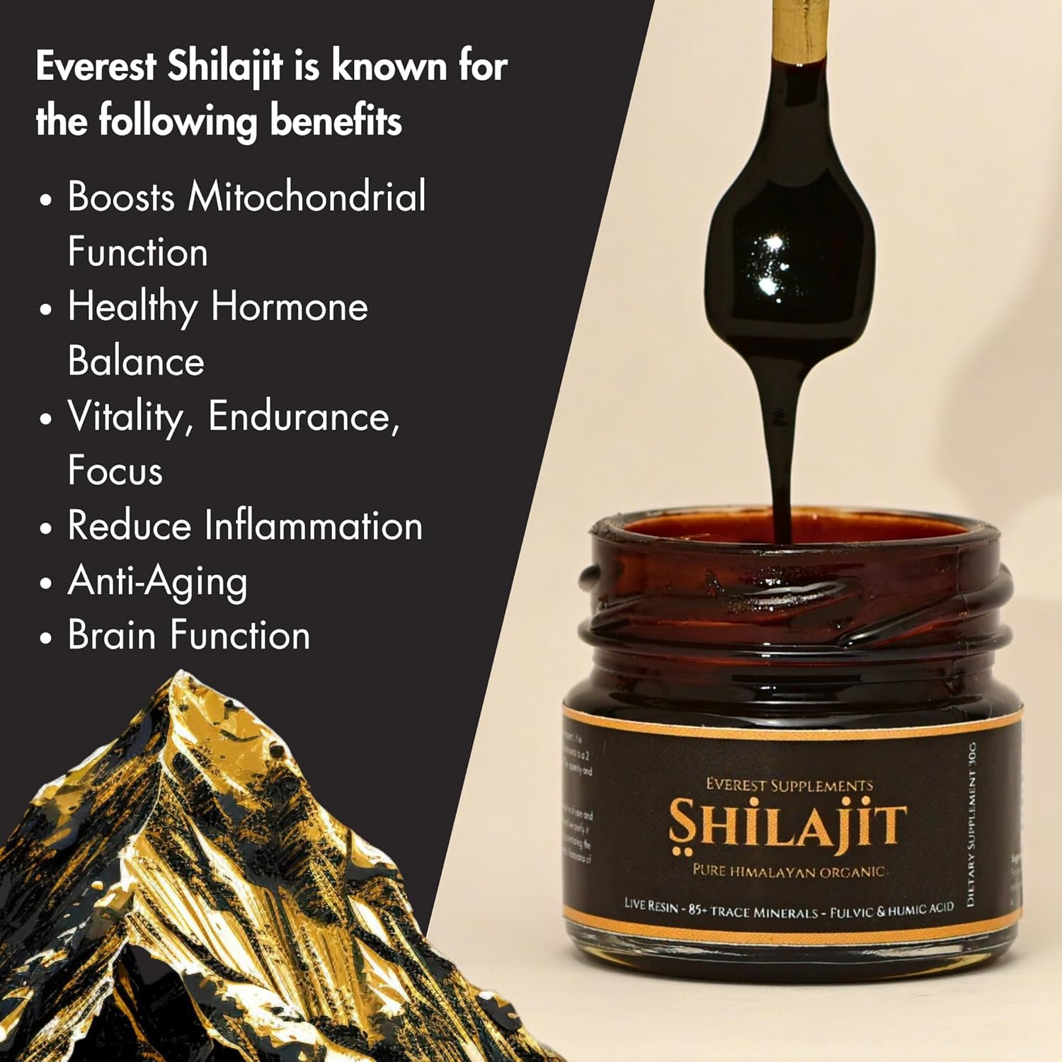 Resina Shilajit orgánica pura del Himalaya, grado dorado, 500 mg de potencia máxima, resina Shilajit natural con más de 85 minerales traza y ácido