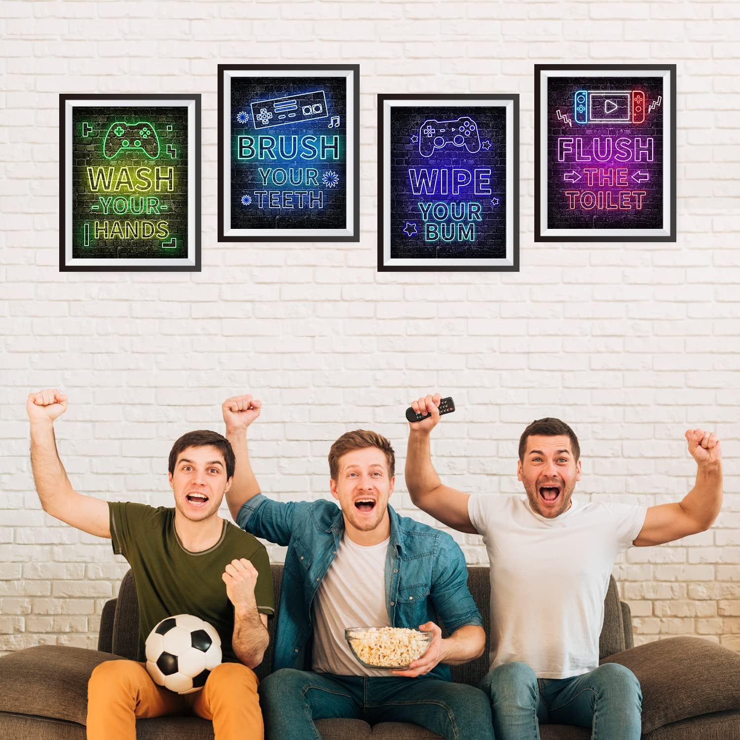 Juego de 4 decoración de videojuegos neón (8 x 10 pulgadas), decoración de habitación de niños para baño, palabras divertidas, arte de pared para