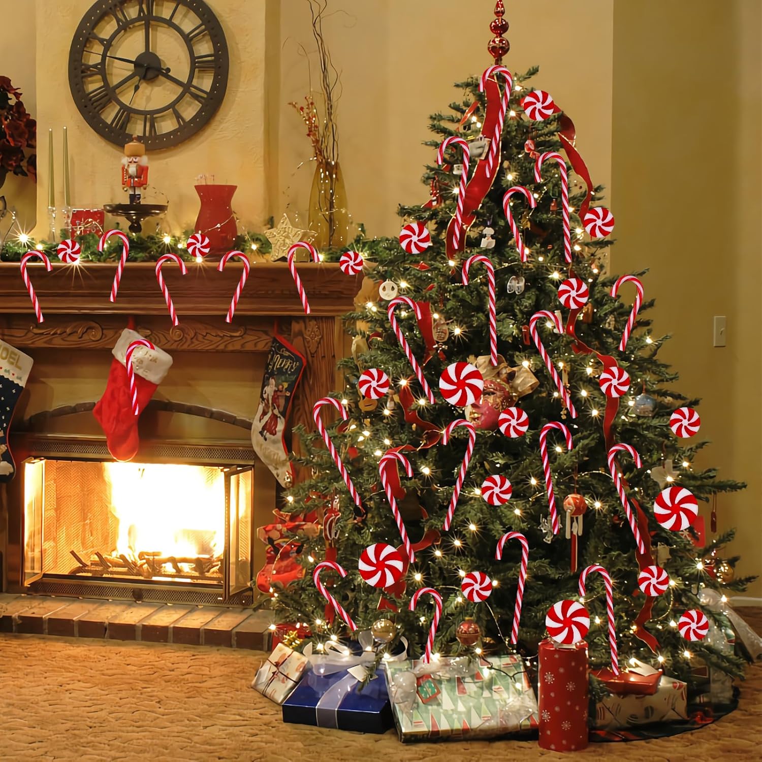 48 adornos colgantes de bastón de caramelo de Navidad, guirnalda de remolinos de caramelo, decoraciones de árbol de Navidad, bastón de caramelo de