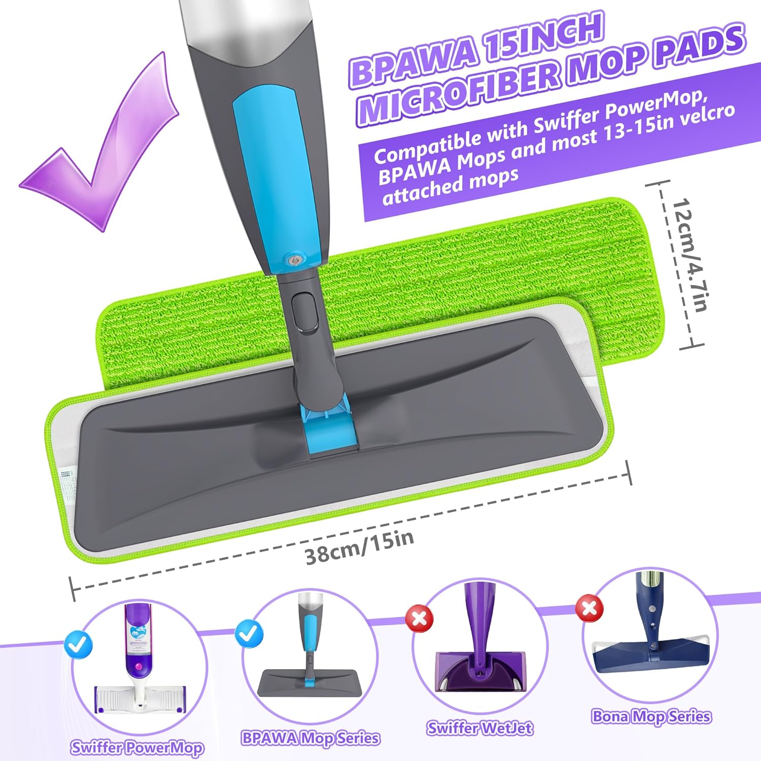 3 almohadillas reutilizables para trapeador compatibles con Swiffer PowerMop, almohadillas de microfibra de 15 pulgadas para trapeador de suelo,
