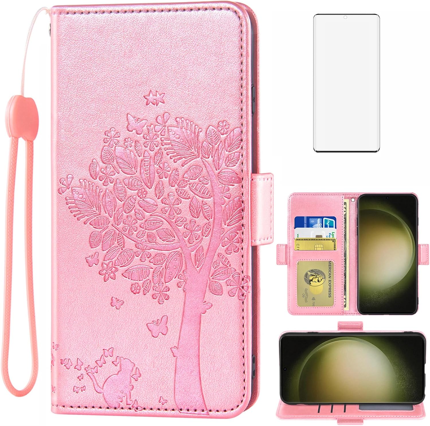 Asuwish Funda tipo cartera compatible con Samsung Galaxy S23 Ultra 5G, protector de pantalla de vidrio templado, correa para muñeca, tarjetero y