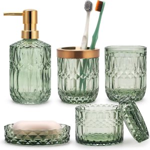 Juego de 5 accesorios de baño de vidrio verde para baño, dispensador de loción, jabonera, soporte para cepillos de dientes, vaso, frascos de hisopos Juego de 5 accesorios de baño de vidrio verde para baño, dispensador de loción, jabonera, soporte para cepillos de dientes, vaso, frascos de hisopos