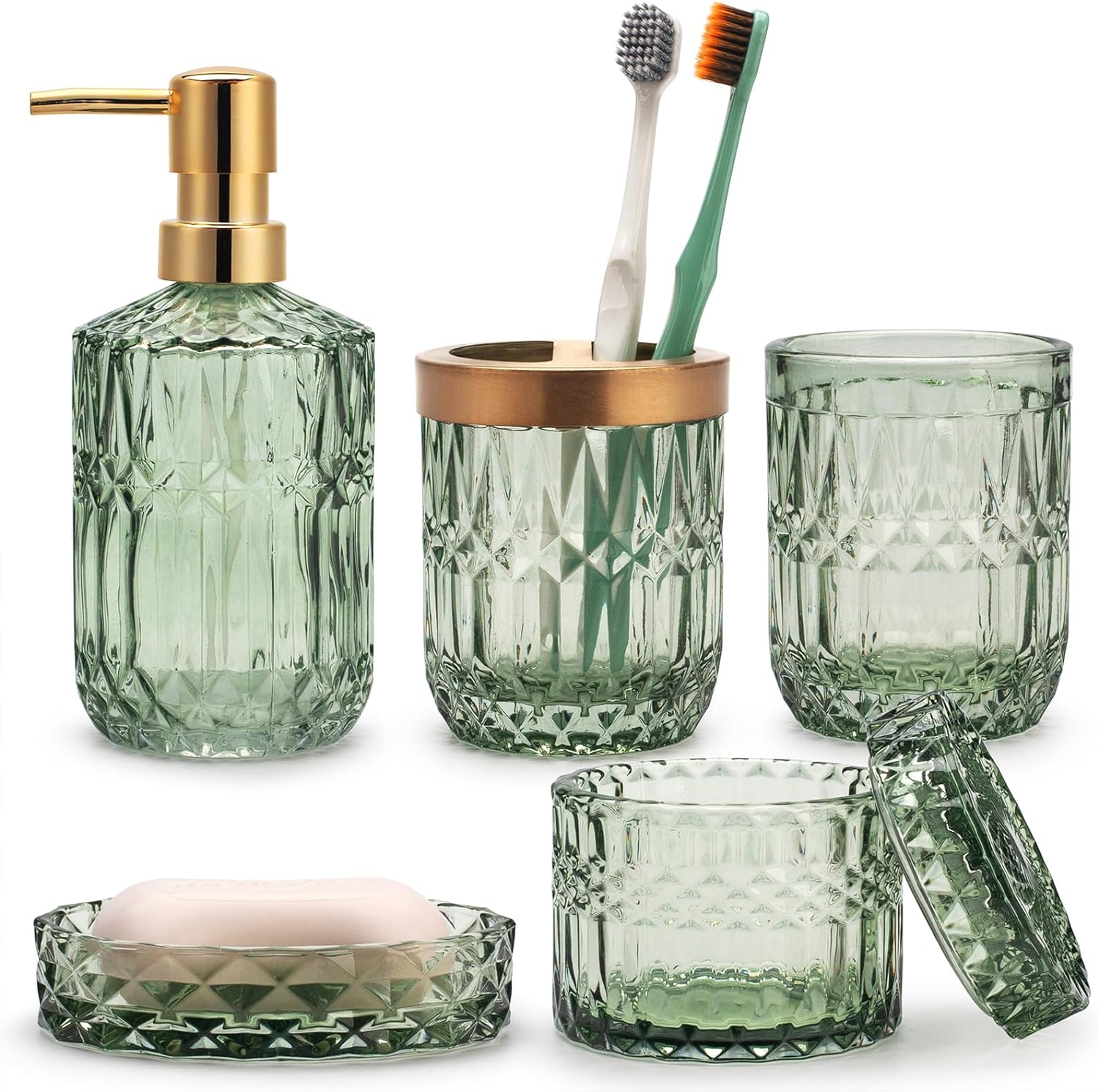 Juego de 5 accesorios de baño de vidrio verde para baño, dispensador de loción, jabonera, soporte para cepillos de dientes, vaso, frascos de hisopos