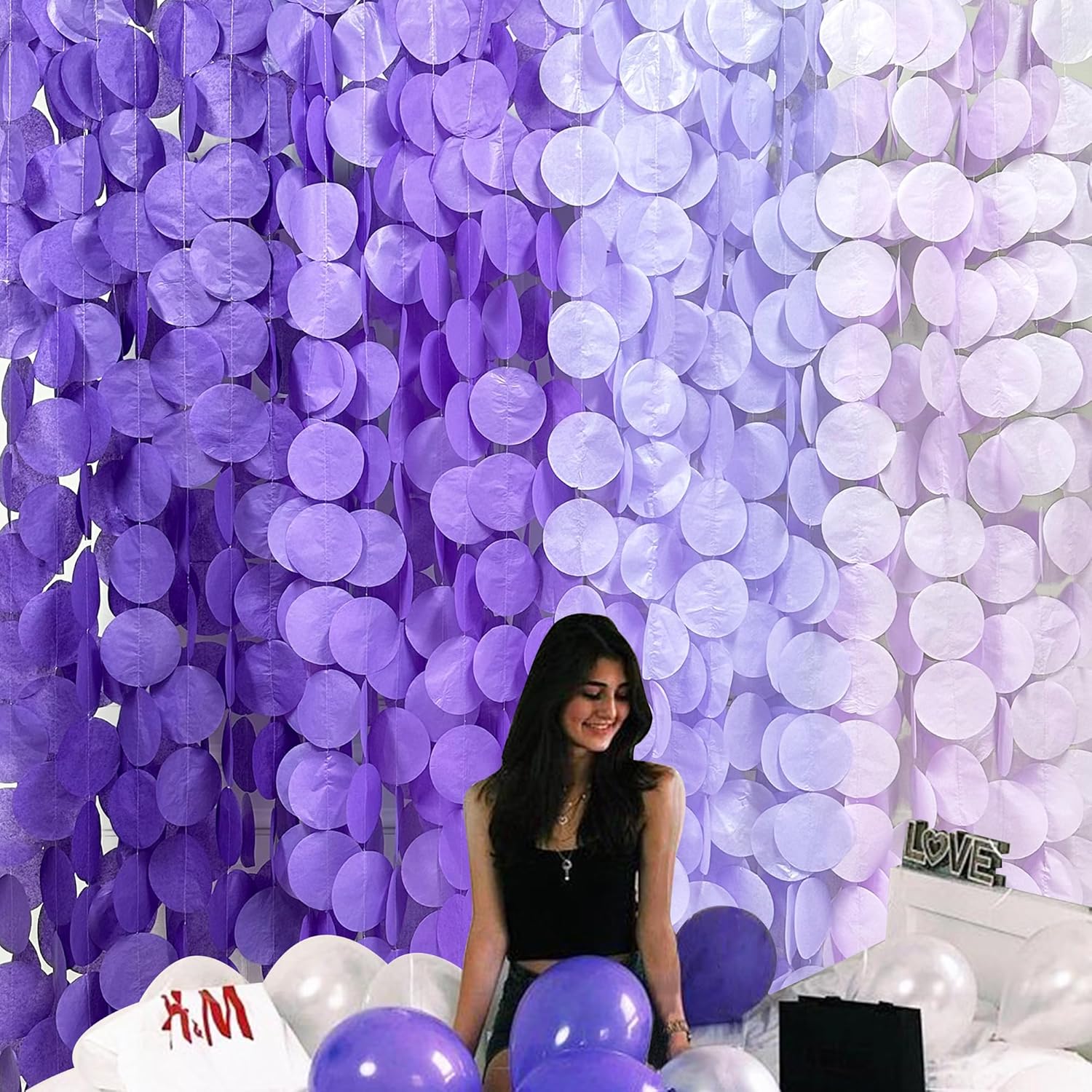 Decoración de fiesta de lavanda de 205 pies, color morado degradado, telón de fondo, serpentina, papel de seda, guirnalda colgante de lunares para