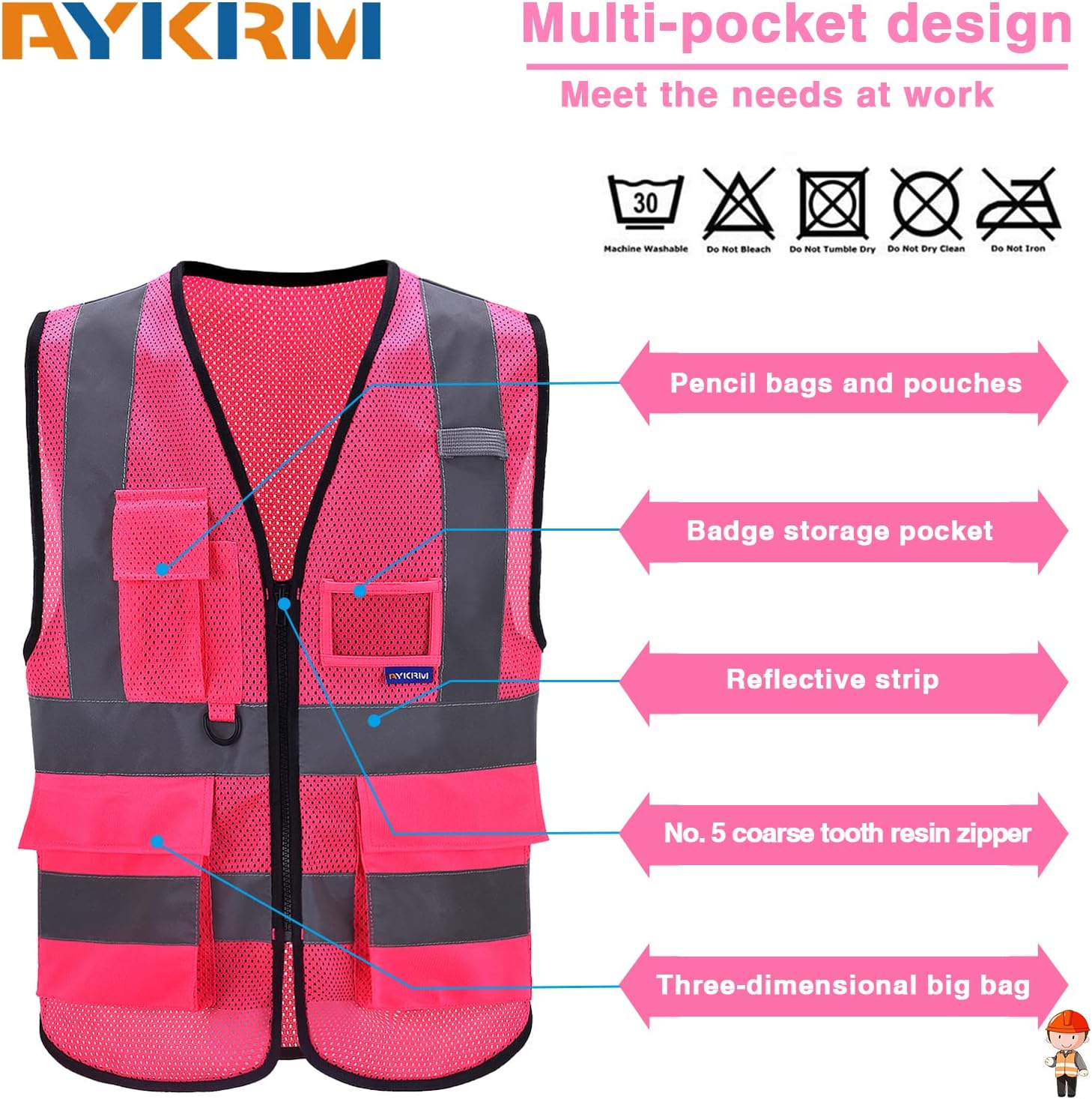 A-SAFETY Chaleco reflectante de seguridad de malla de alta visibilidad con bolsillos y cremallera, chaleco de trabajo Hi Viz para hombres y mujeres