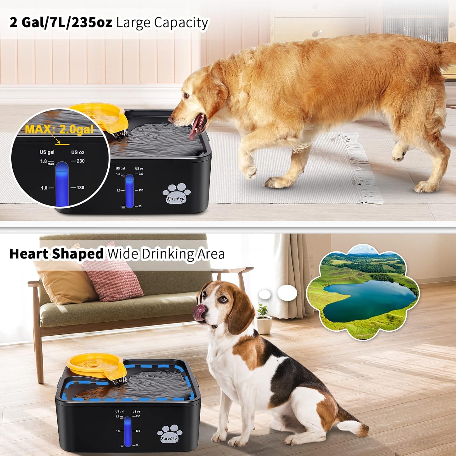 Kastty Fuente de agua para perros de 230 oz7 L, fuente ultra grande y ancha para mascotas con 5 filtraciones y bomba LED inteligente segura, ideal