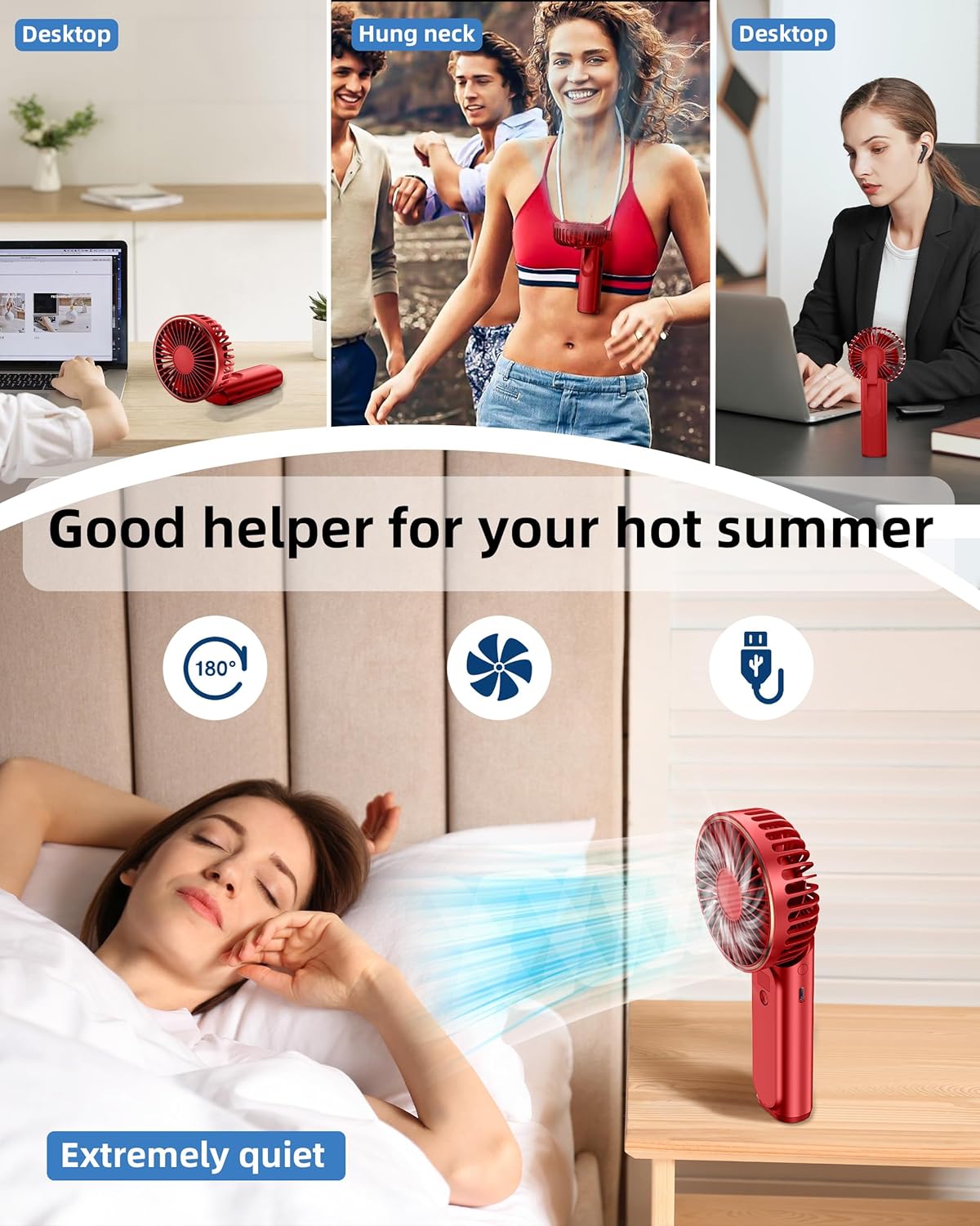 TUNISE Ventilador de mano portátil, ventilador de cuello, ventilador de escritorio de 4000 mAh, ajustable en 180, viento de 6 velocidades,
