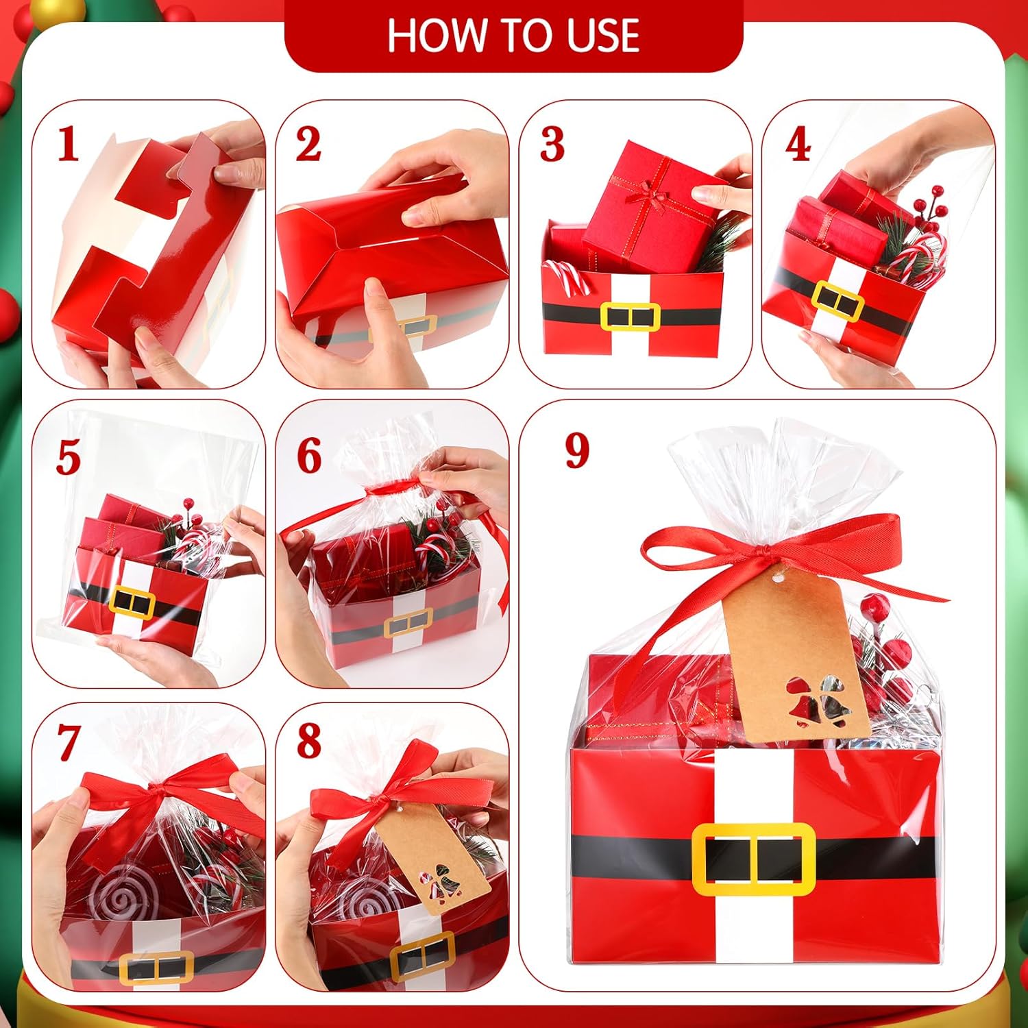Fuutreo 30 cestas vacías de regalo de Papá Noel con cesta de celofán, bolsas de cintas, etiquetas de regalo de Navidad, cesta de regalo vacía a