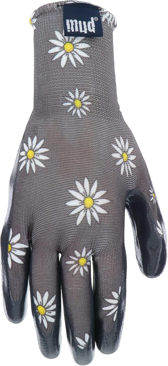 Mud Grip Women’s Daisy Printed Polyester Shell and Flat Nitrile Coated Palm Gardening Gloves,