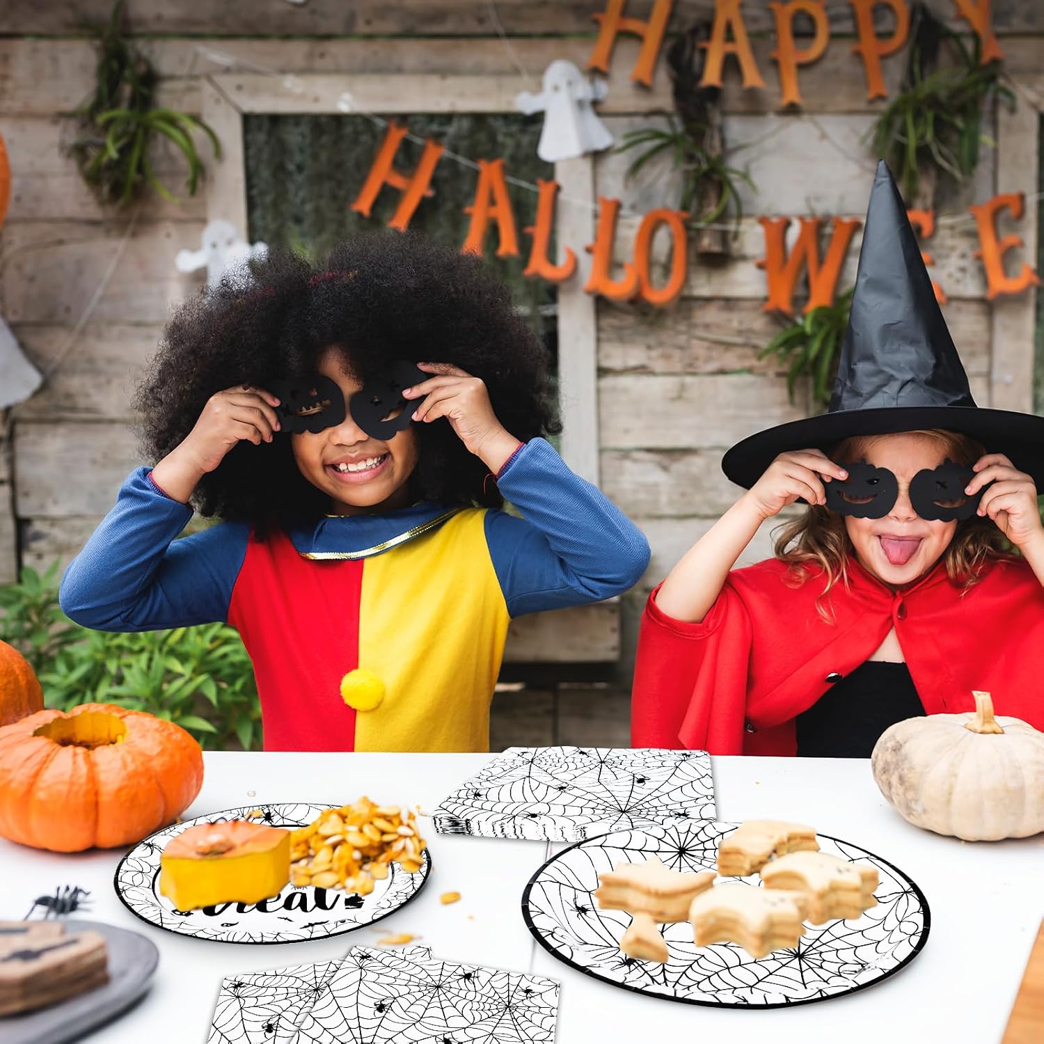 Whaline Platos y servilletas de Halloween, 40 platos de papel de telaraña y 20 servilletas de almuerzo, juego de vajilla desechable para decoración