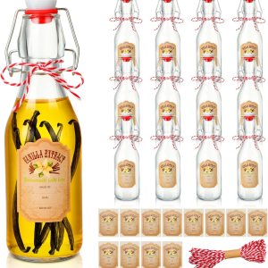 12 botellas de vidrio con tapa oscilante para extracto de vainilla casero de 8 onzas, 12 etiquetas transparentes con tapa abatible y cordeles de 12 botellas de vidrio con tapa oscilante para extracto de vainilla casero de 8 onzas, 12 etiquetas transparentes con tapa abatible y cordeles de