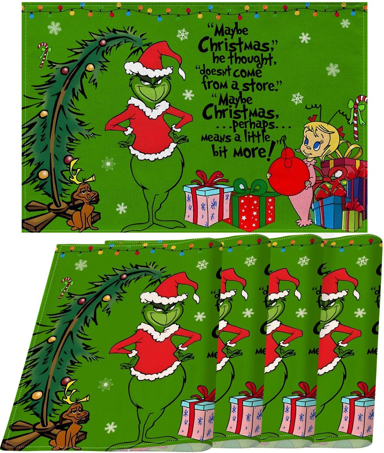 Nepnuser Juego de 4 manteles individuales de lino con texto en inglés Merry Christmas de Grinchmas Whoville Green Elf Navidad, fiestas de invierno,