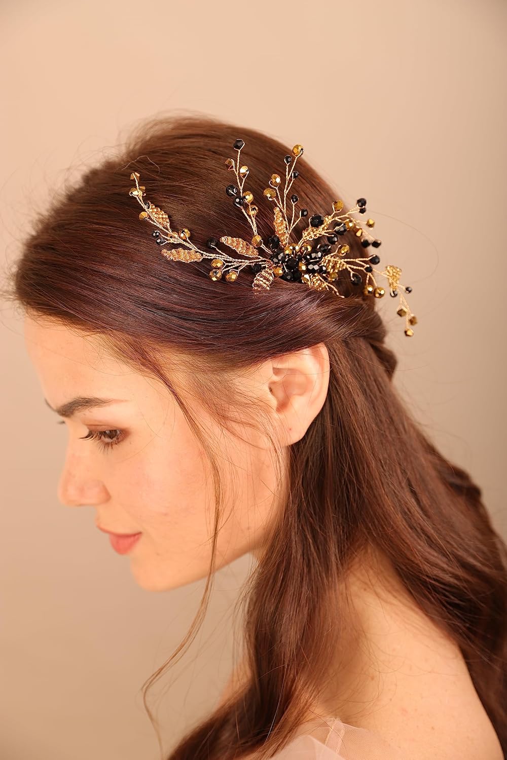 BERYUAN Peine de pelo con cuentas doradas de cristal negro, pieza de pelo de boda, diadema dorada para novia, estilo bohemio, accesorio elegante